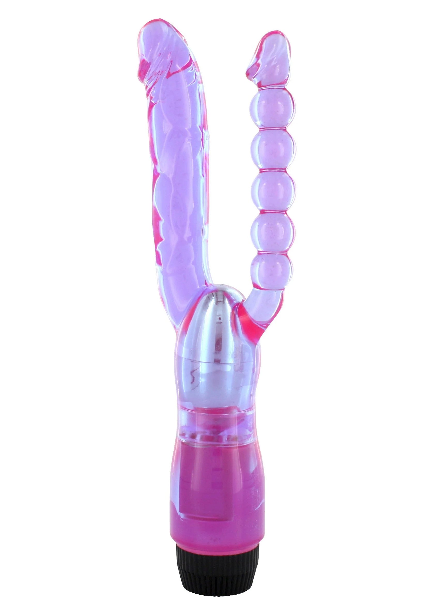 Paarse dubbele vibrator met buigzame vorm, drie ronde opzetstukken en zwarte basis