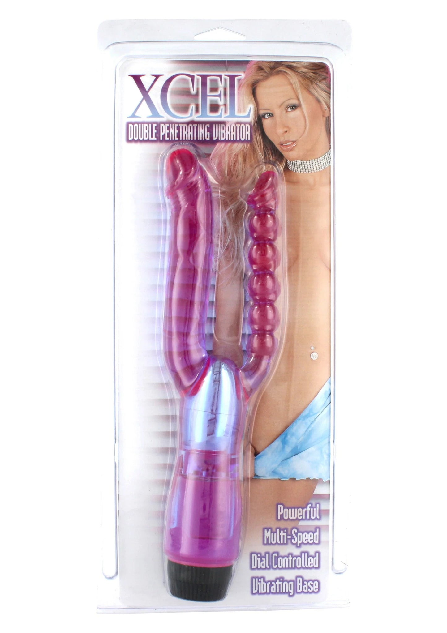 Doos met afbeelding van roze-paarse dubbele vibrator met dubbele stimulators