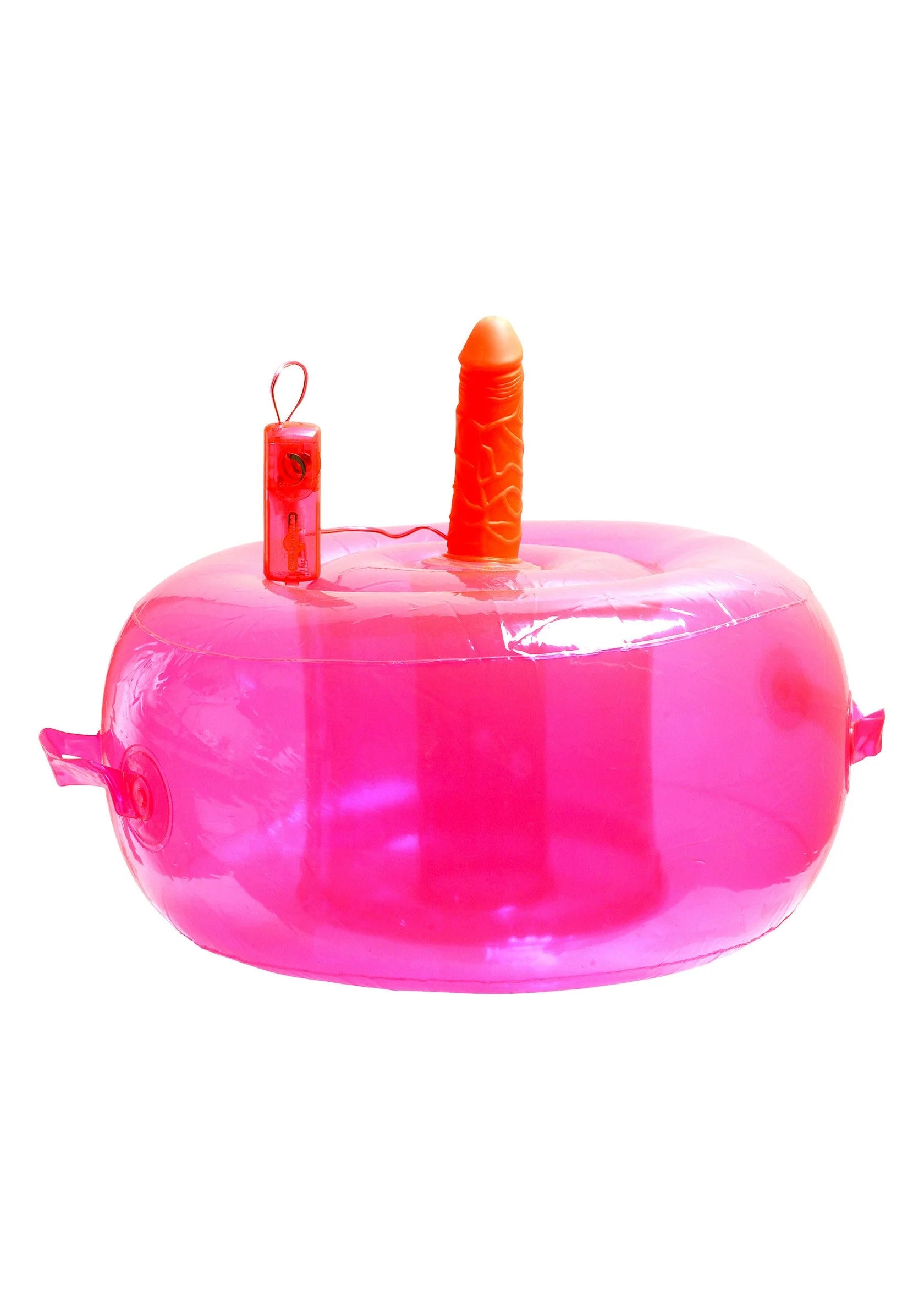 Roze opblaasbare tril-zitballon met twee rechtopstaande opzetstukken in oranje en roze