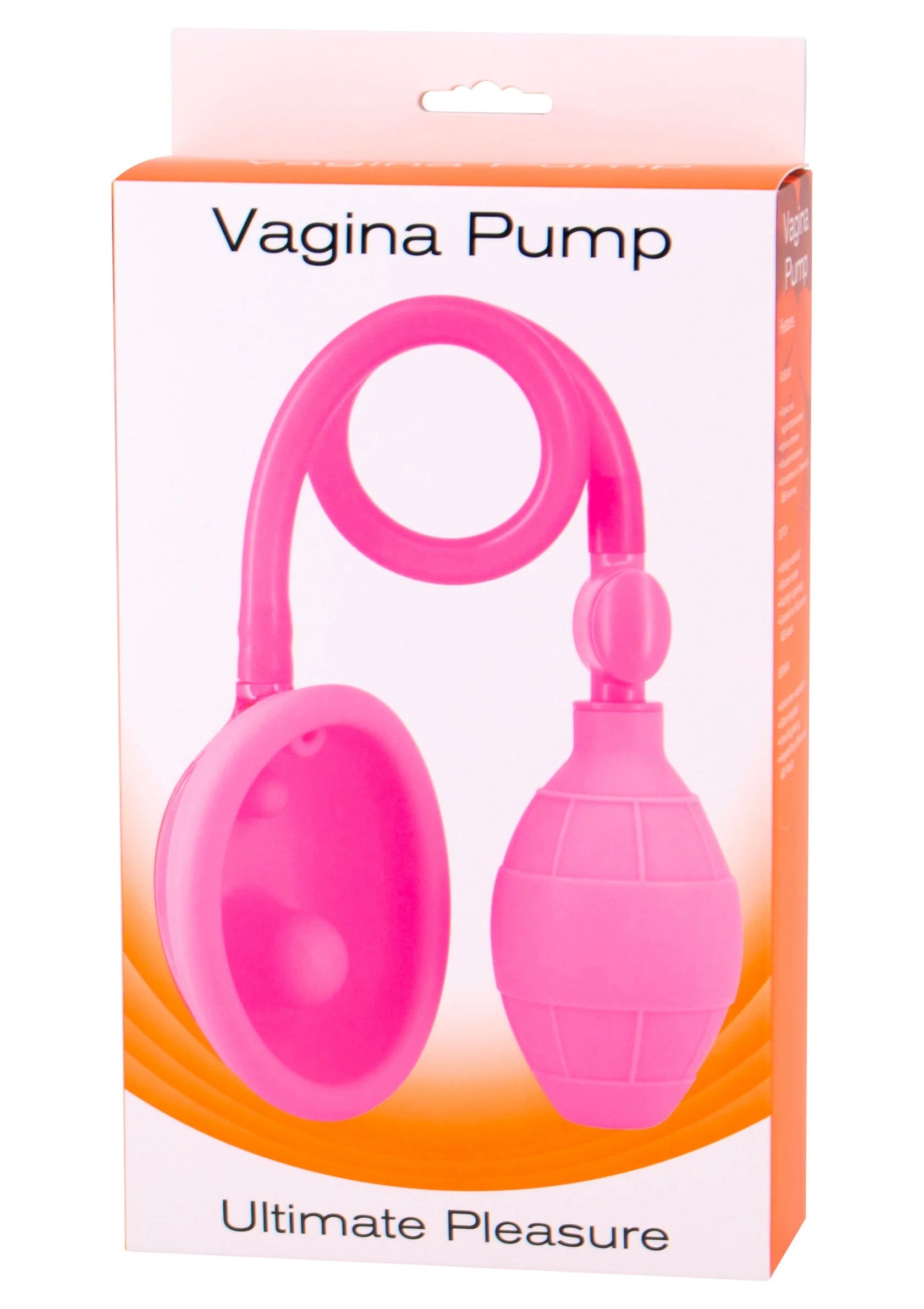Roze verpakking van vaginale pomp met oranje accent en productillustratie
