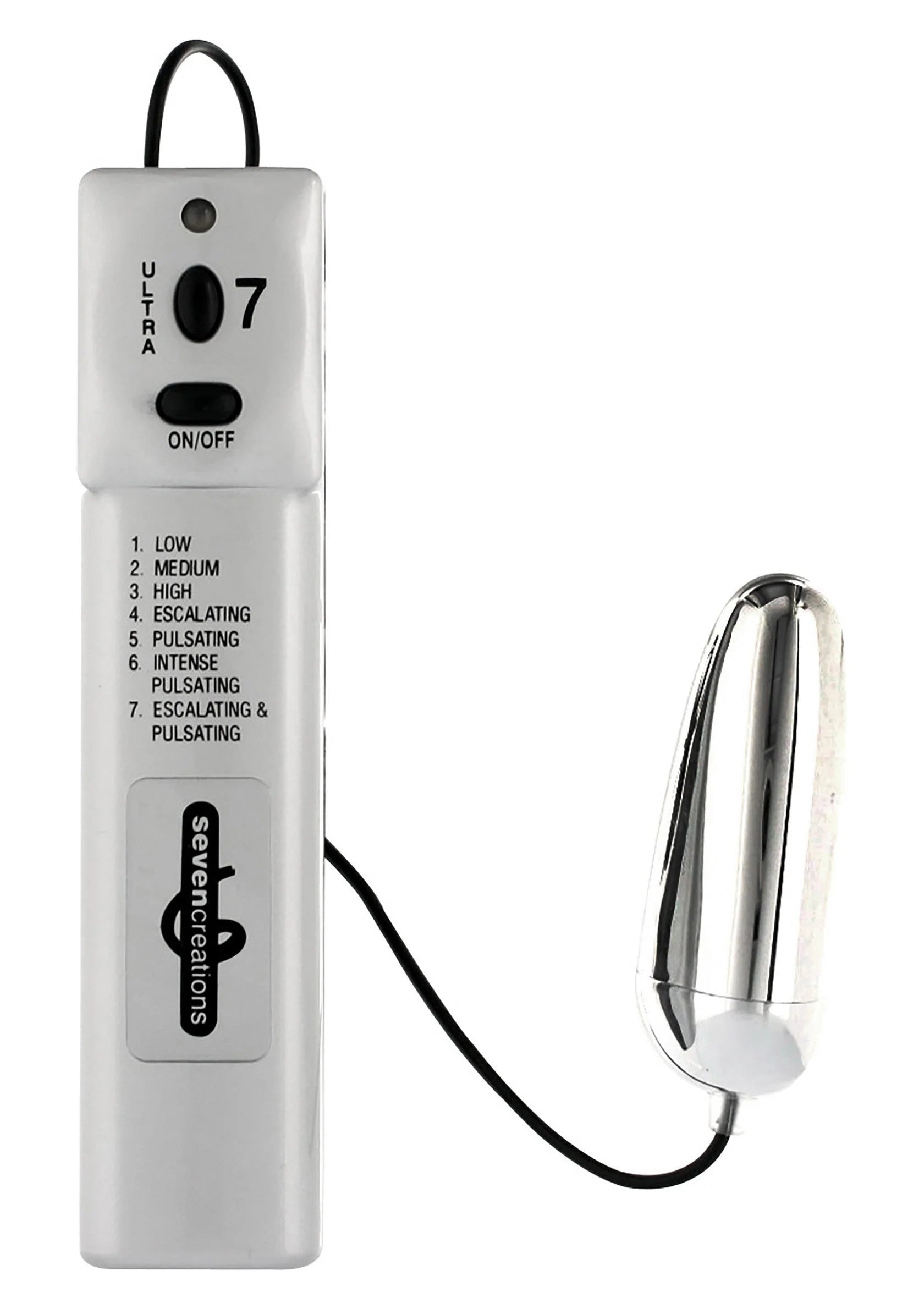 Vibrerende eivibrator met 'ON/OFF'-bedienpaneel en eivormige vibrerende kop, wit/zilver