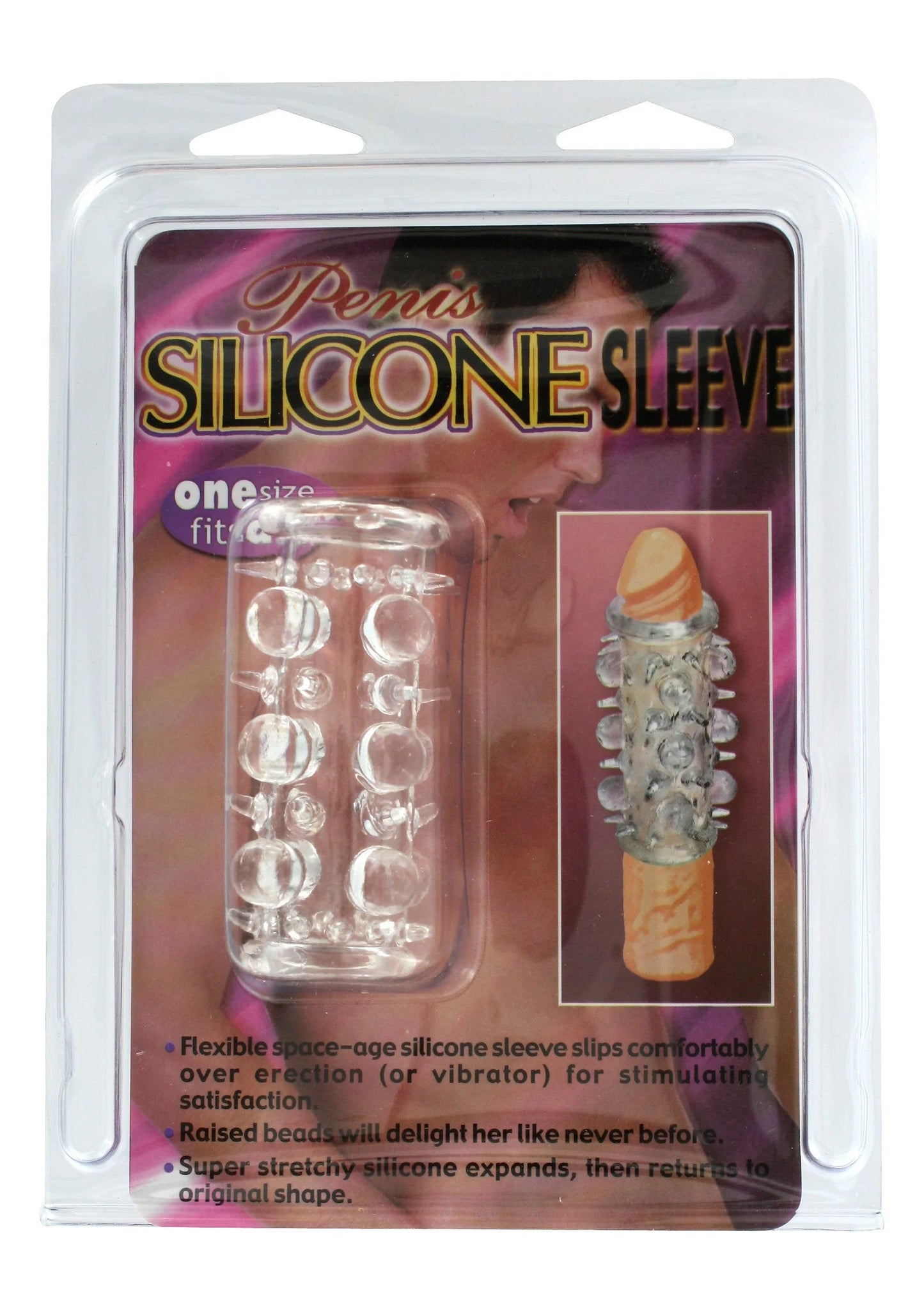 Blisterverpakking met transparante siliconen penis-sleeve met noppen
