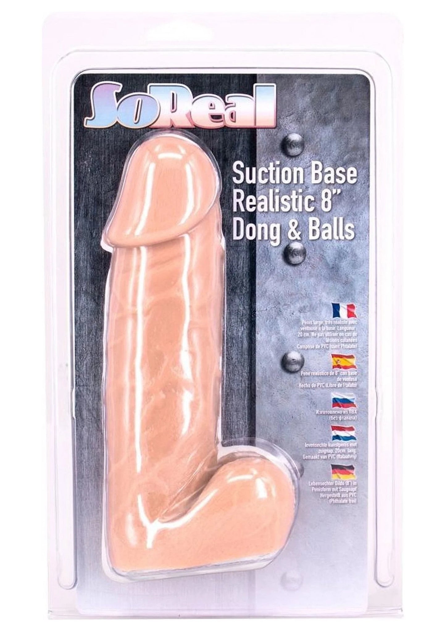 Verpakking met SoReal dildo en zuignap-basis, 8 realistieke balls