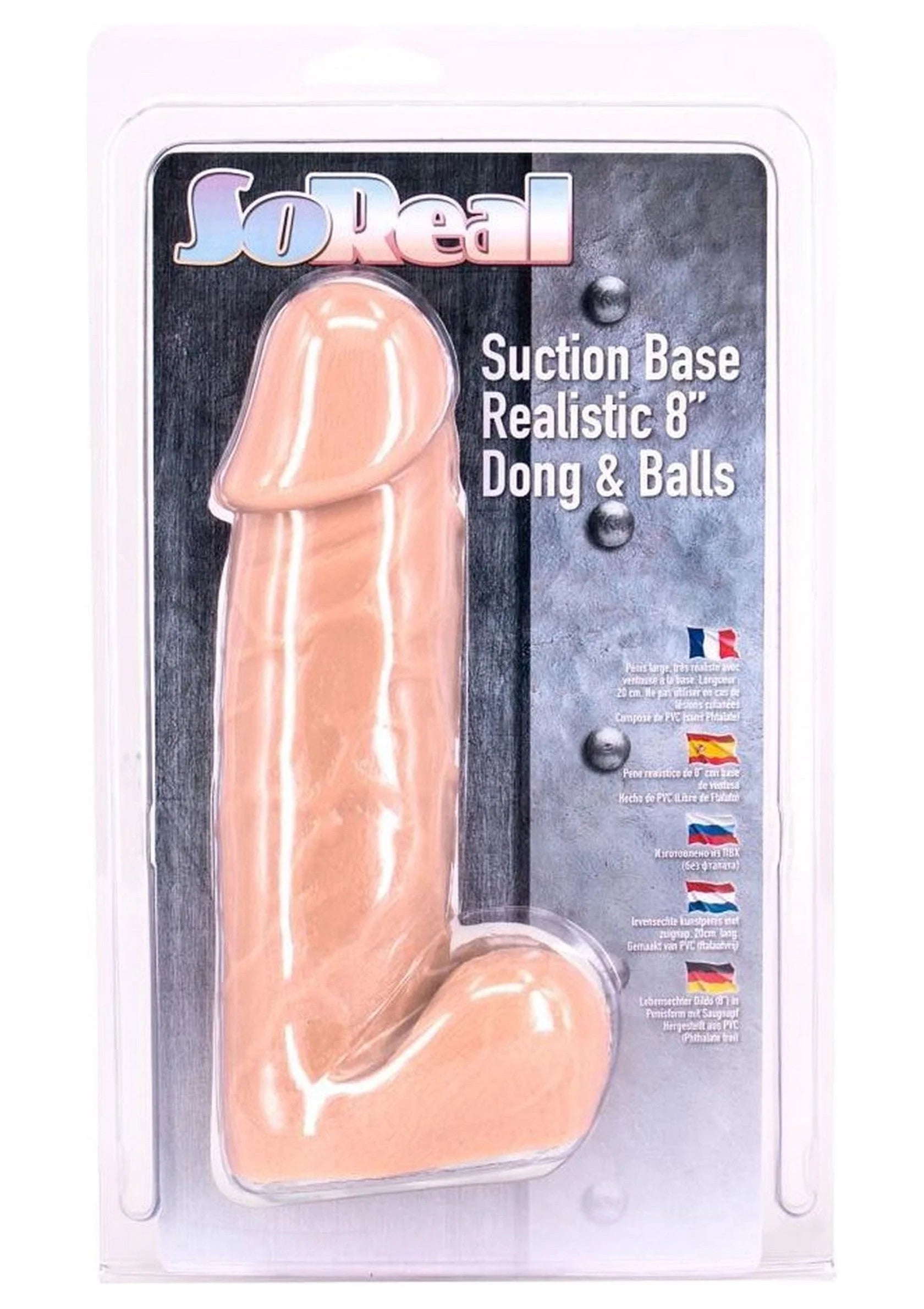 Verpakking met SoReal dildo en zuignap-basis, 8 realistieke balls