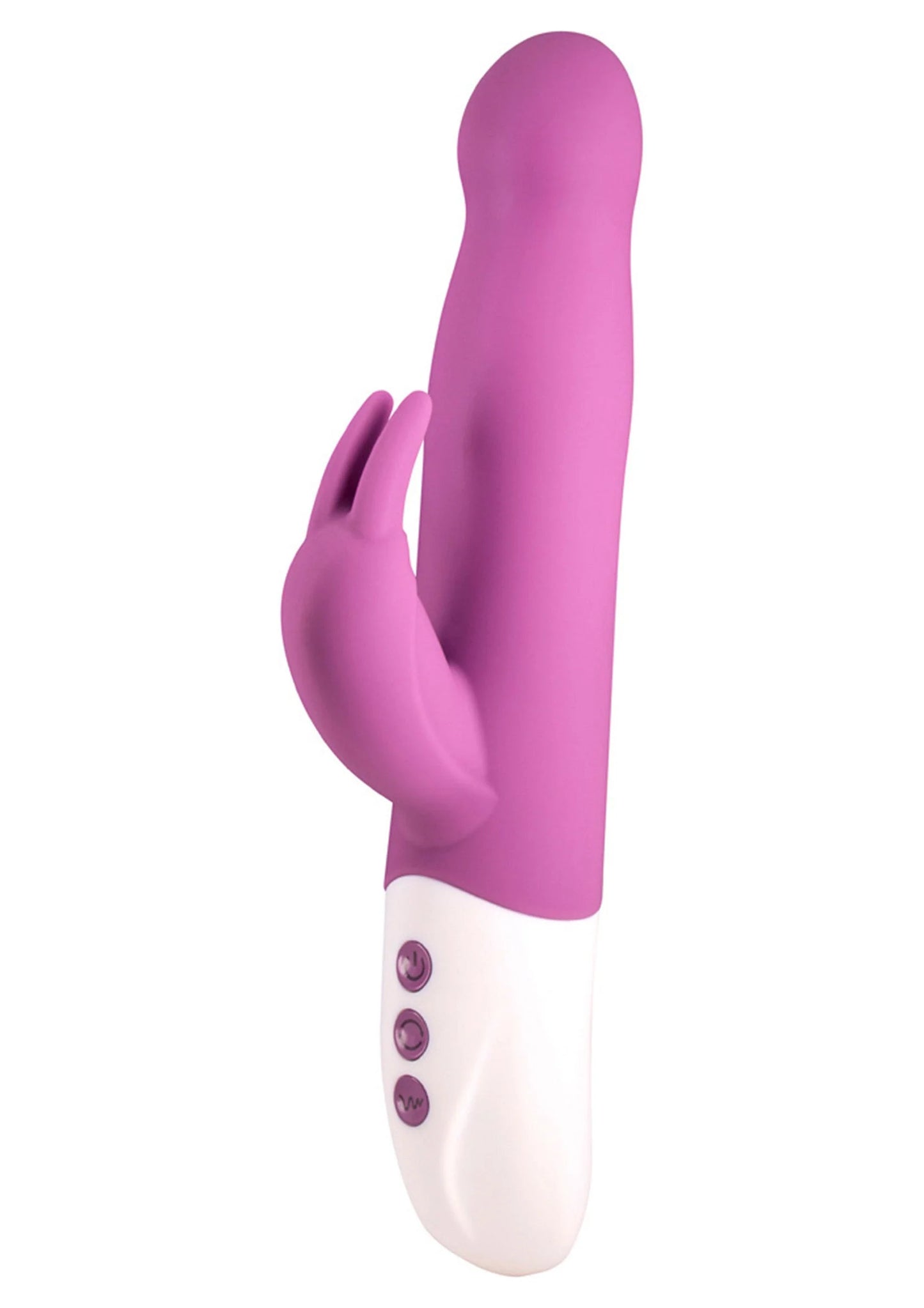 Paarse roterende konijn-vibrator, staande vorm met witte basis en bedieningsknoppen