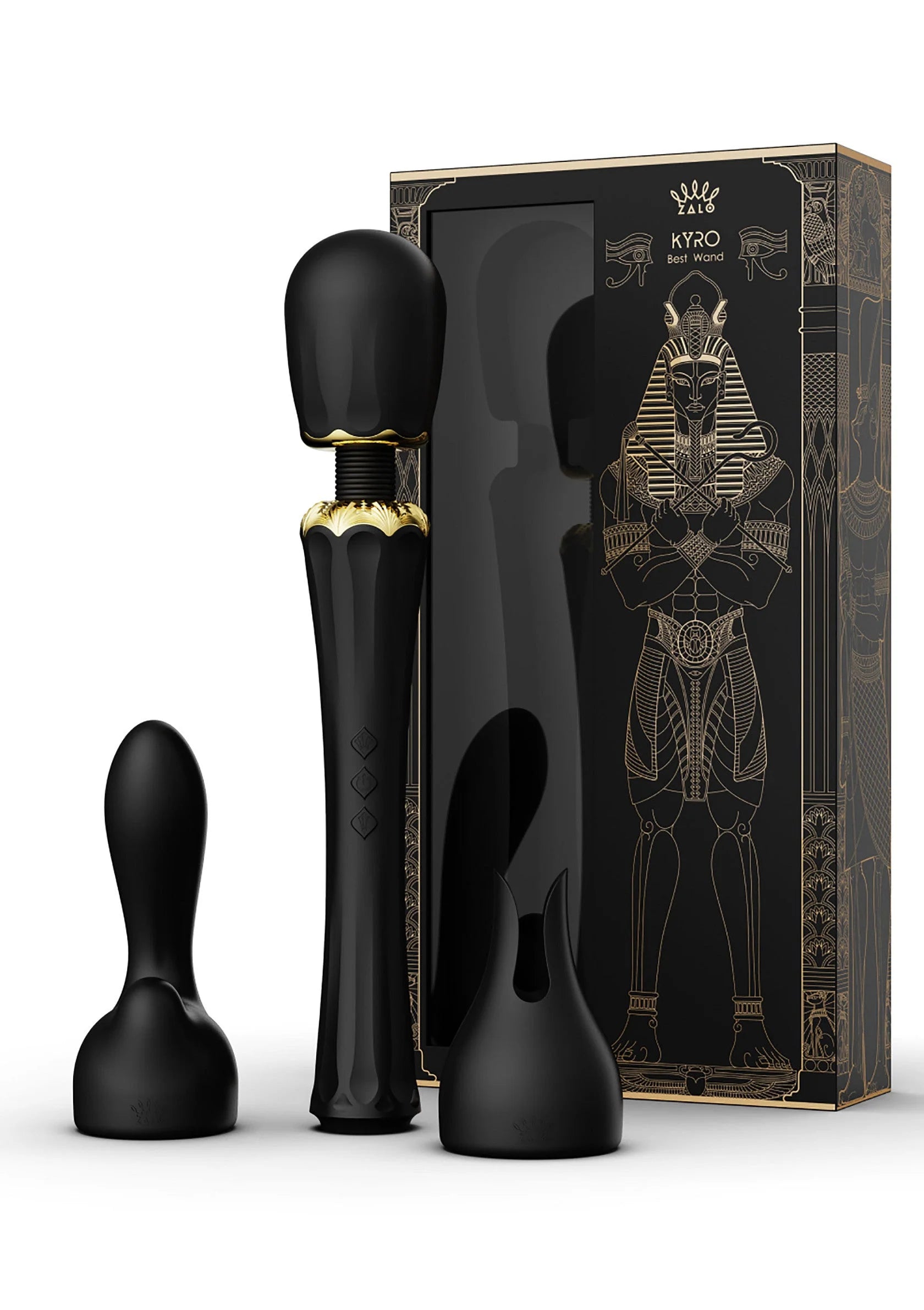 Zwarte Kyro-wandvibrator van Zalo in verpakking met bijpassende opzetstukken