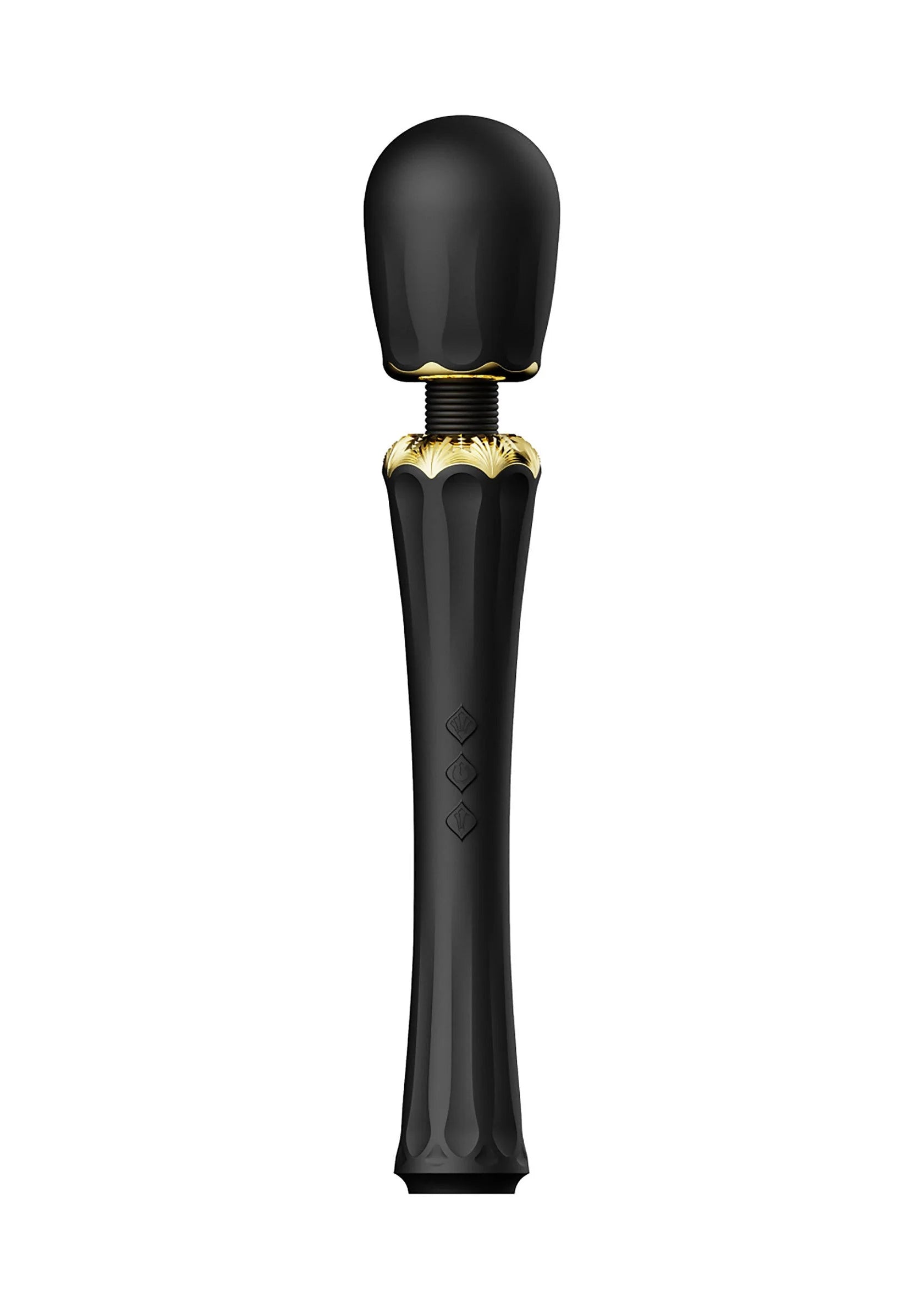 Zwarte Kyro-wandvibrator van Zalo met gouden ring en afgeronde vibratorkop