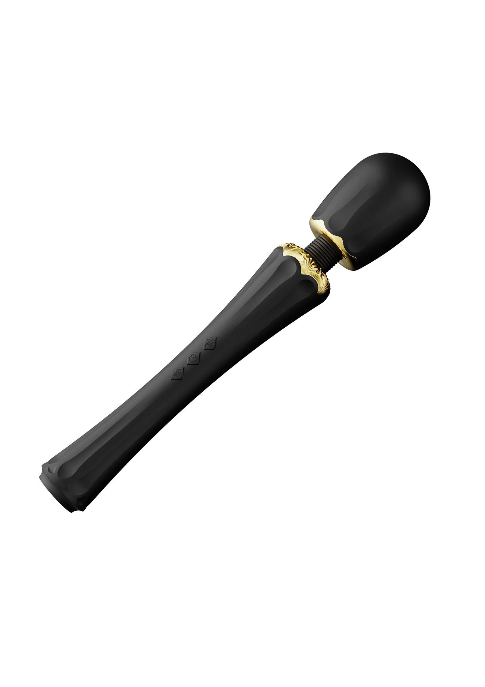 Zwarte Kyro-wandvibrator van Zalo met gouden kopring en reliëf op de steel