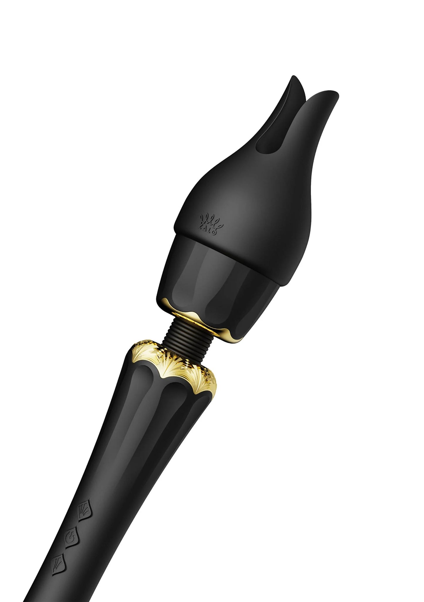 Zalo wandvibrator, zwarte kop met knop en gouden ring, staaf met reliëf
