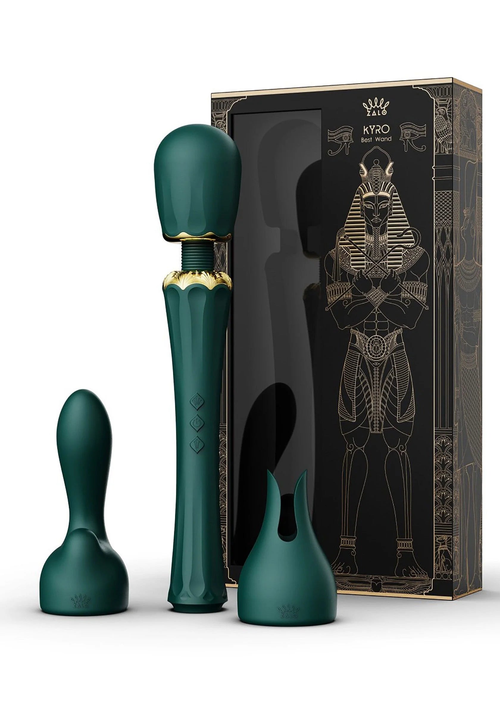 Wandvibrator in teal met gouden details, staand en met doos