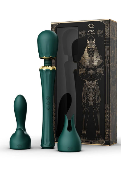 Wandvibrator in teal met gouden details, staand en met doos