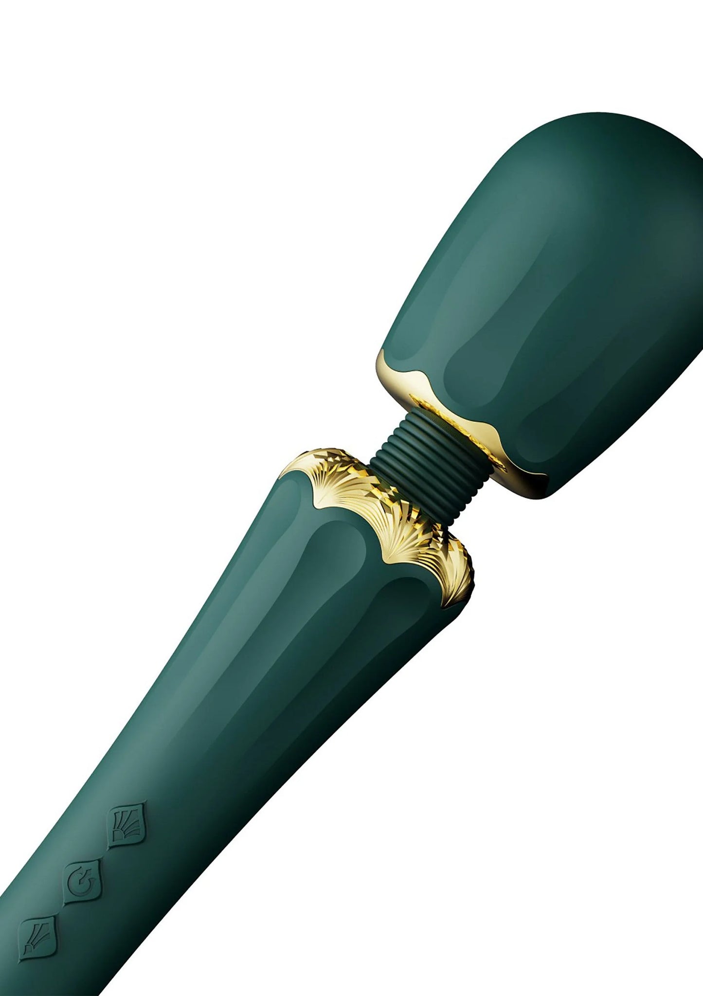 Wandvibrator van Zalo met donkergroene kop, gouden kraag en reliëfdetail