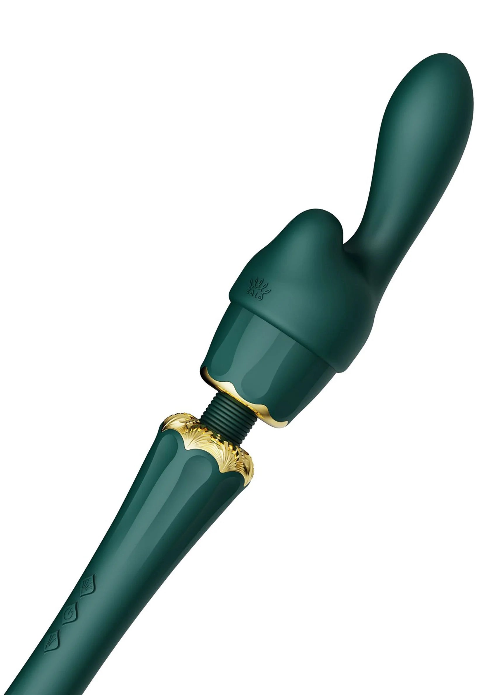 Wandvibrator van Zalo met gebogen kop, donkergroen en gouden kraag