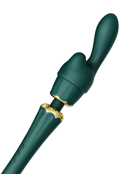 Wandvibrator van Zalo met gebogen kop, donkergroen en gouden kraag