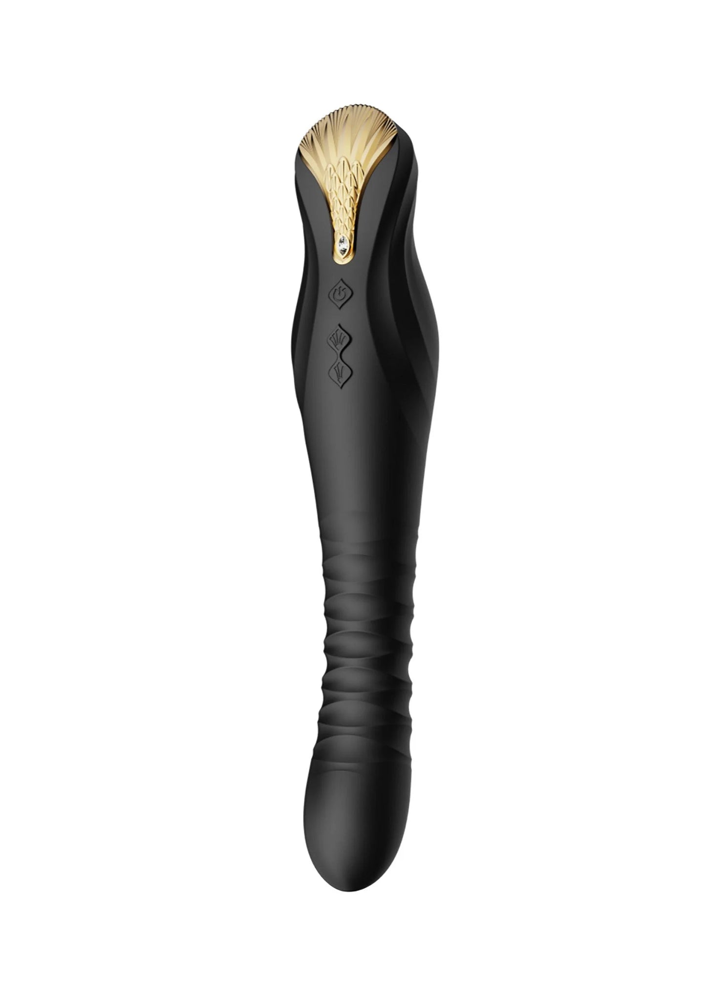 Zwarte vibrator met gouden voorzijde en ronde top, taps toelopend lichaam.