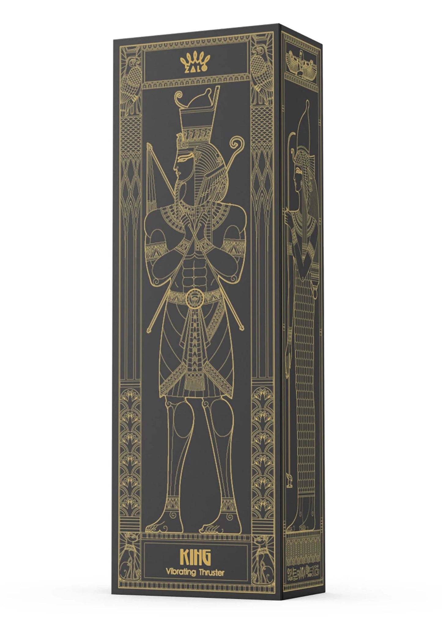 Zwarte vibratorverpakking met gouden koninggrafiek en subtiele ornamenten.