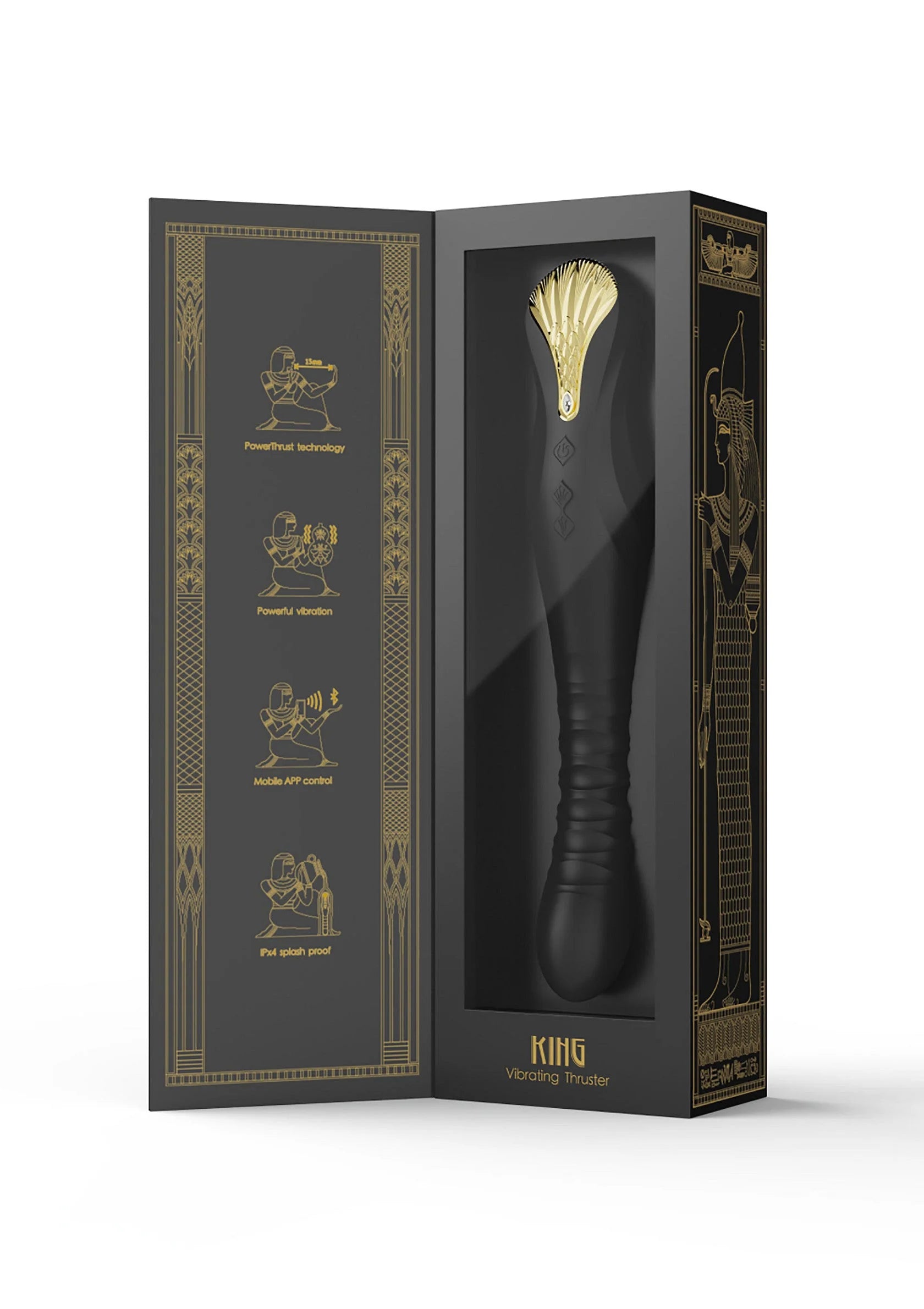 Zwarte productverpakking met gouden details, open zicht op vibrator in doos.