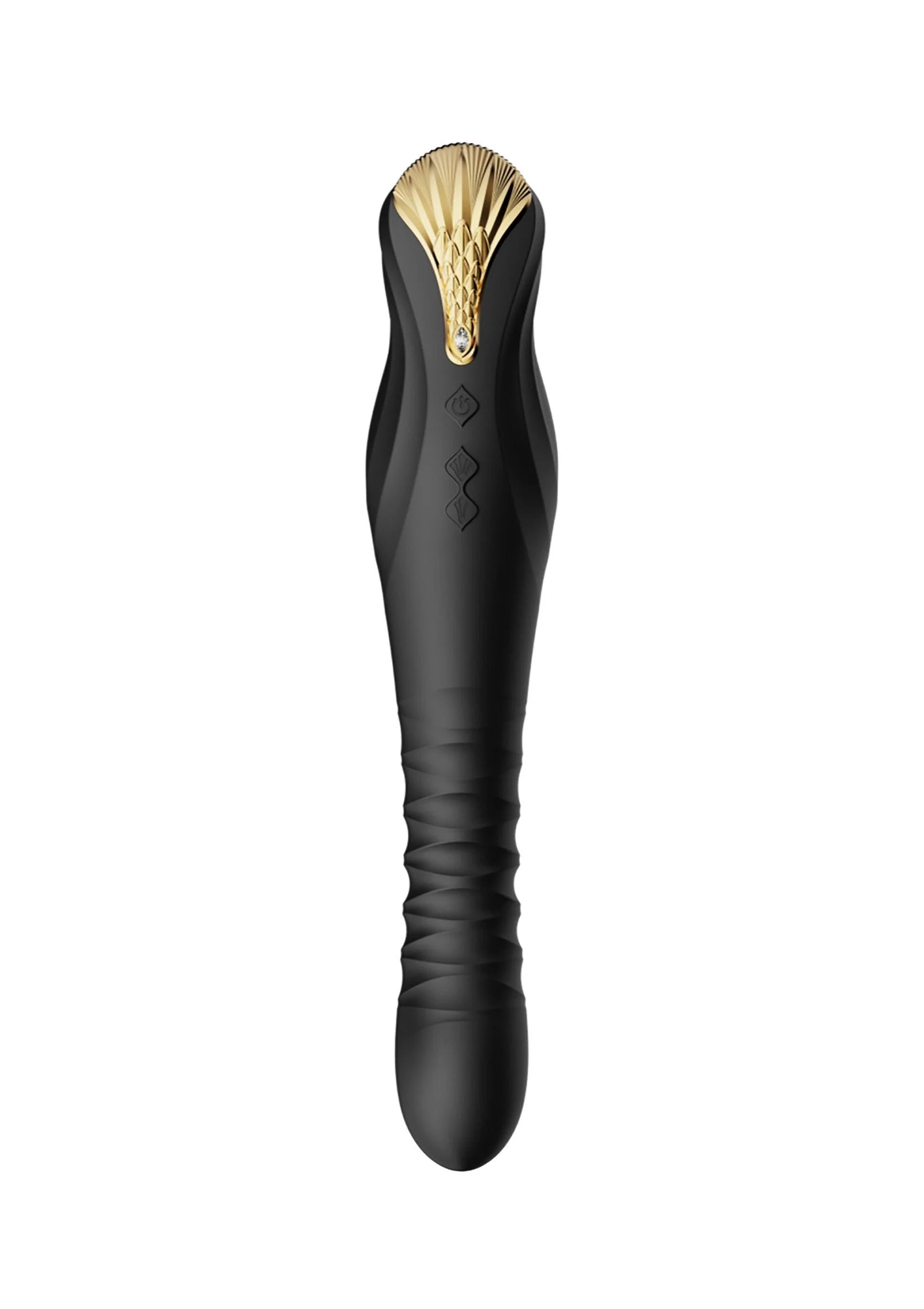 Zwarte vibrator met goudkleurige bovenkant, gladde afwerking.