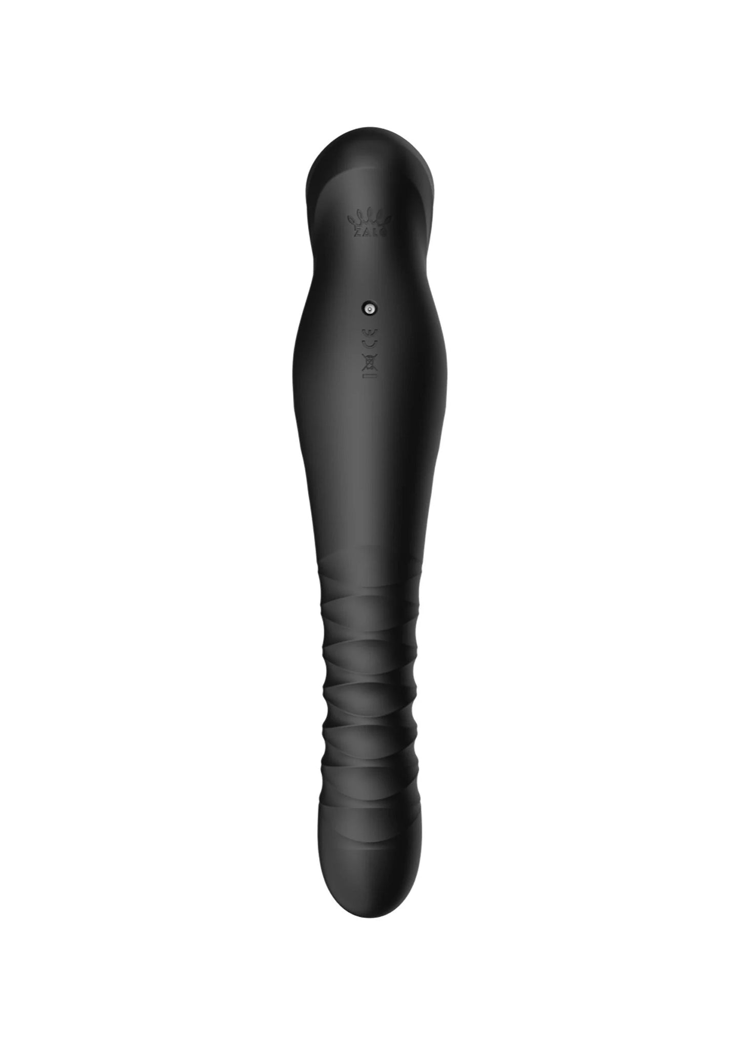 Zwarte vibrator in vooraanzicht met kleine ronde indicator op de bovenkant.