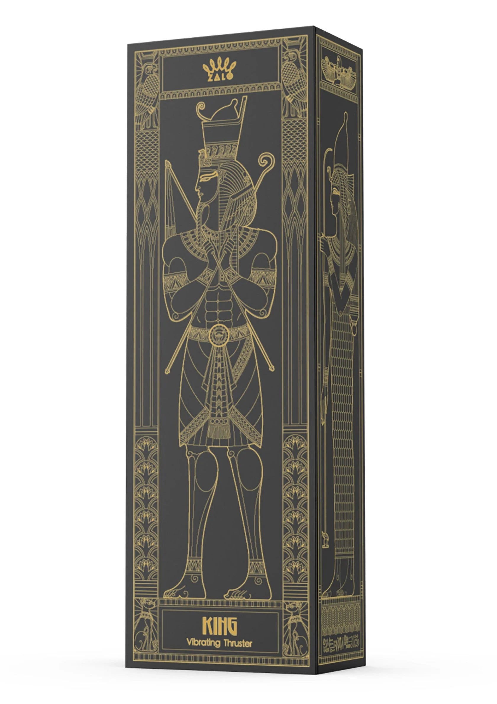Verpakking van King Thruster dildo van Zalo met gouden opdruk en illustratie.
