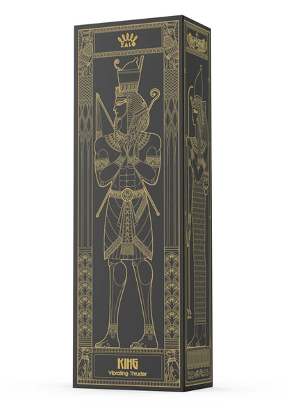 Verpakking van King Thruster dildo van Zalo met gouden opdruk en illustratie.