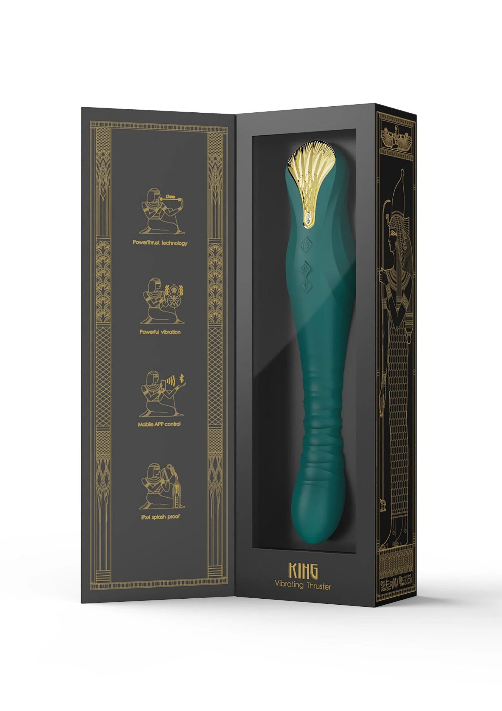 Zwarte productverpakking met gouden koning-illustratie en naam op de voorkant.