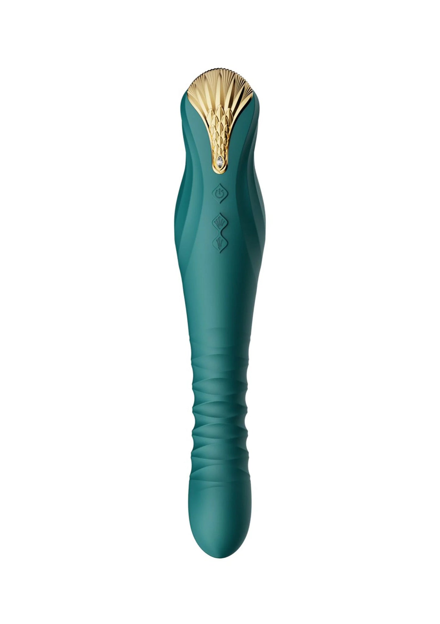 Teal dildo met goudkleurige kop, taps toelopende vorm en glad oppervlak.