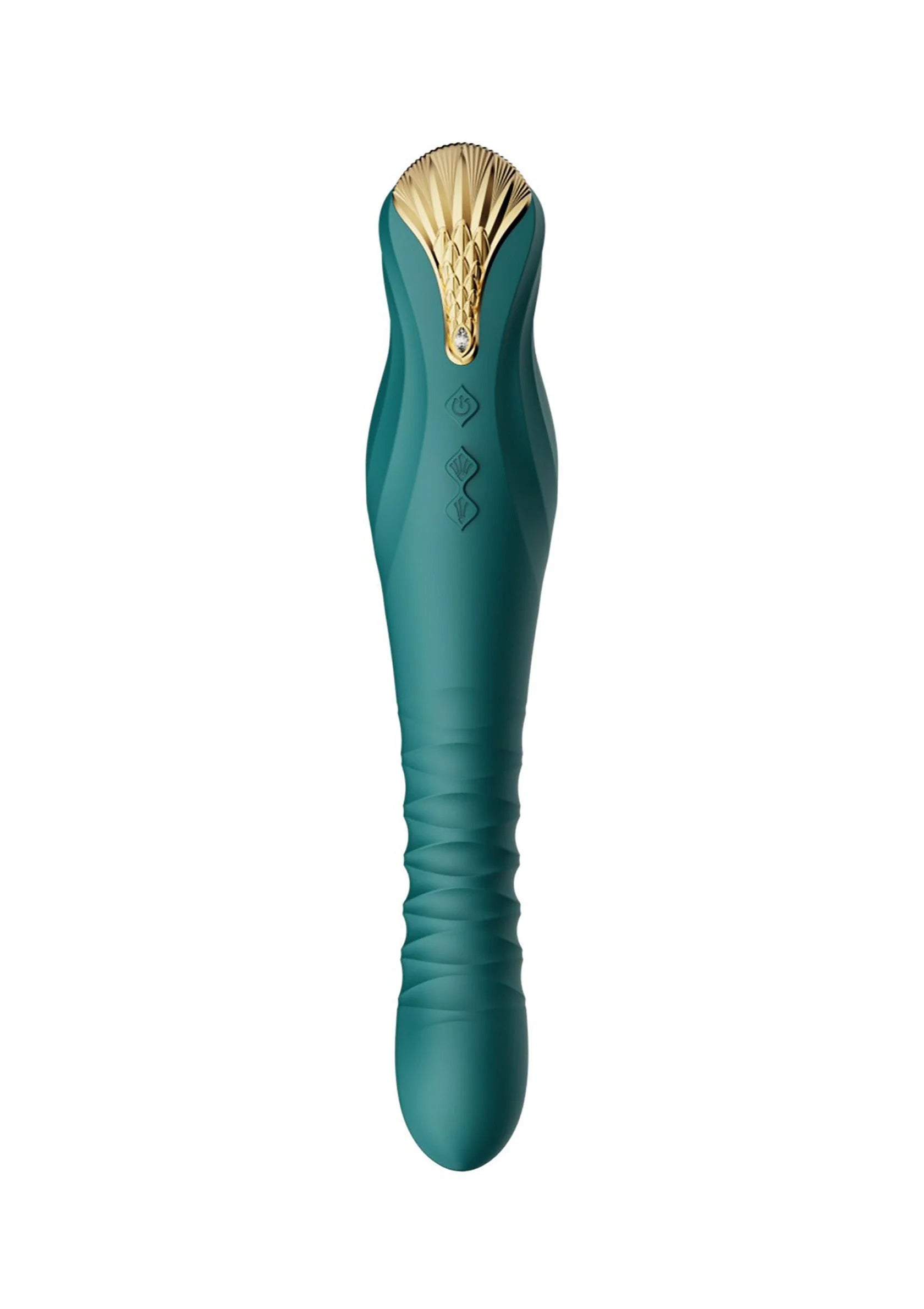 Teal dildo met goudkleurige kop, taps toelopende vorm en glad oppervlak.