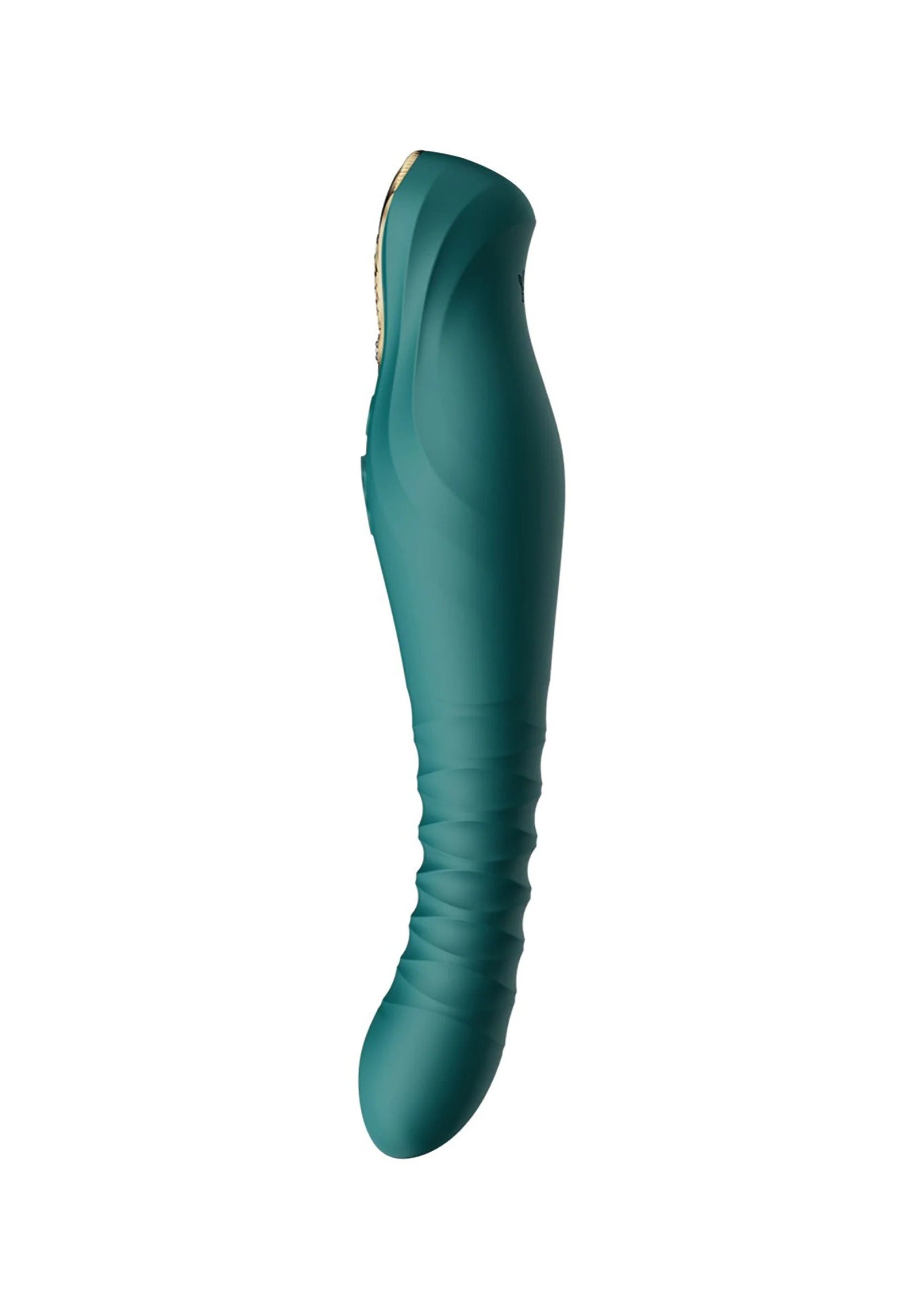 Teal dildo in zijaanzicht met gouden rand bij de kop en geribbelde details.