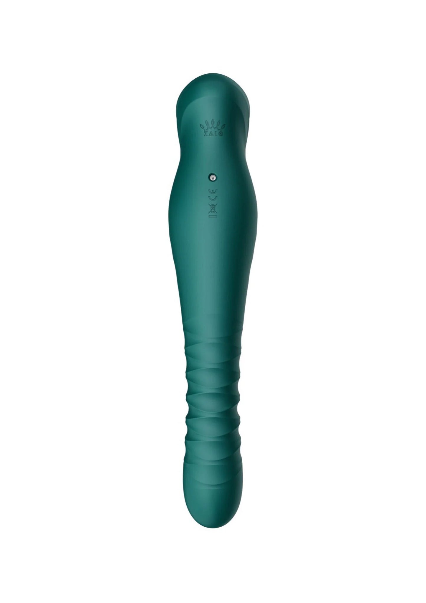 Teal dildo met donker reliëflogo op de schacht en kleine opening aan de zijkant.