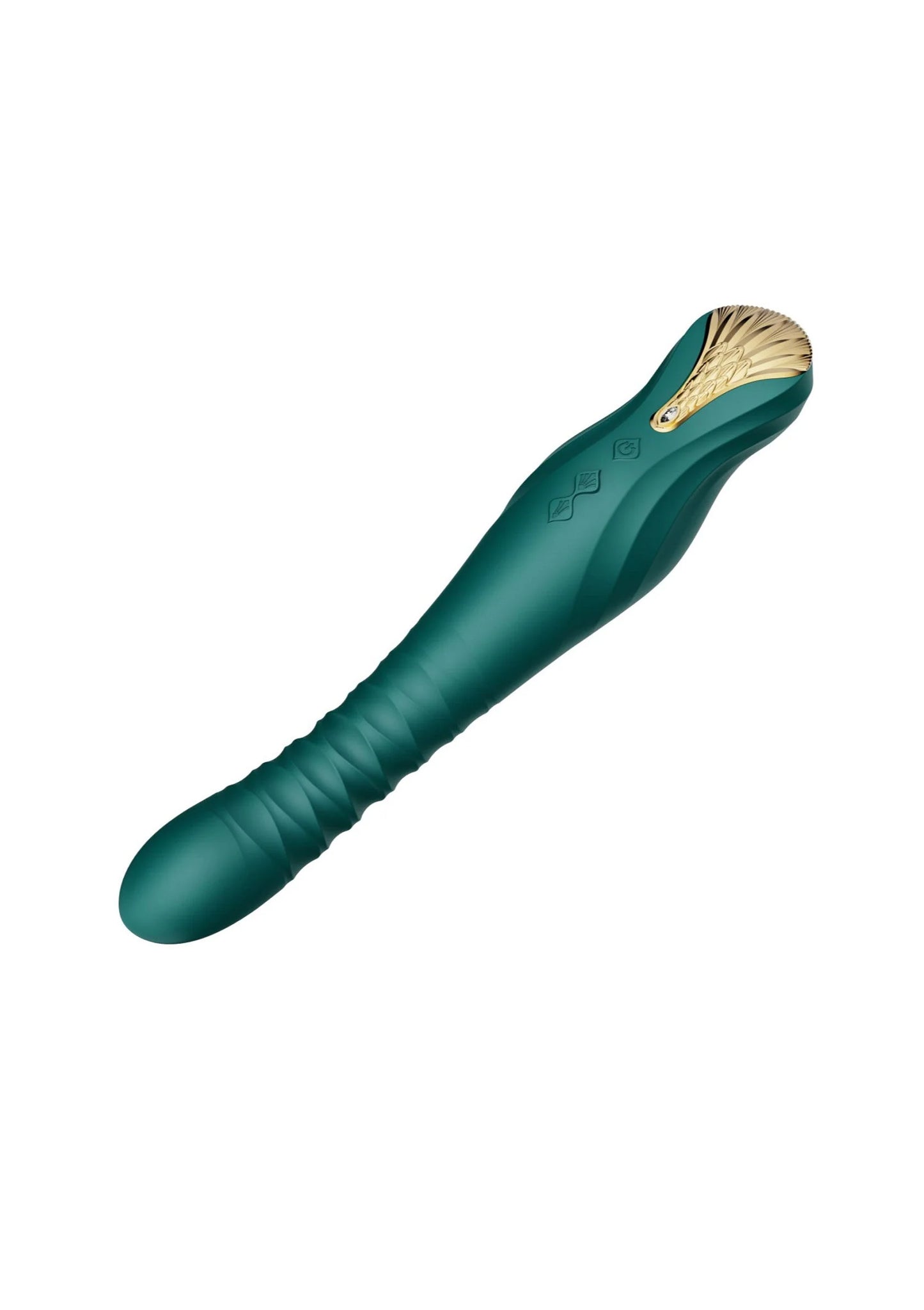Teal dildo met goudkleurige neus en gebogen schacht; zachte, glanzende afwerking.