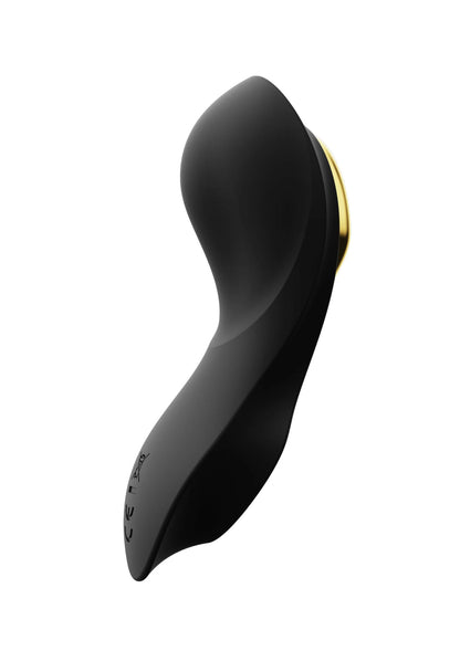 Zwarte draagbare vibrator, gebogen vorm met platte onderkant