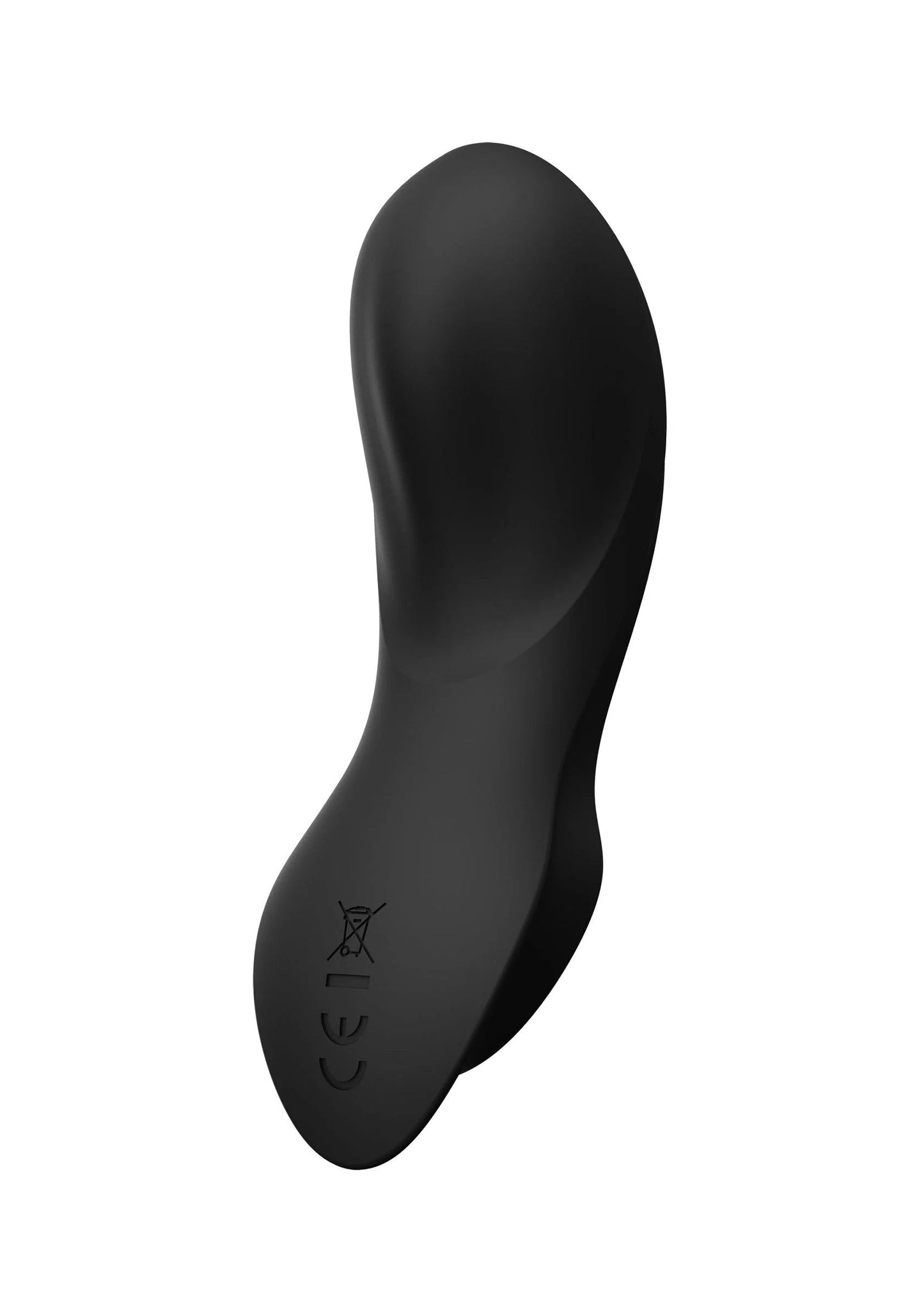 Zwarte draagbare vibrator met lange curve en kleine logo-opdruk