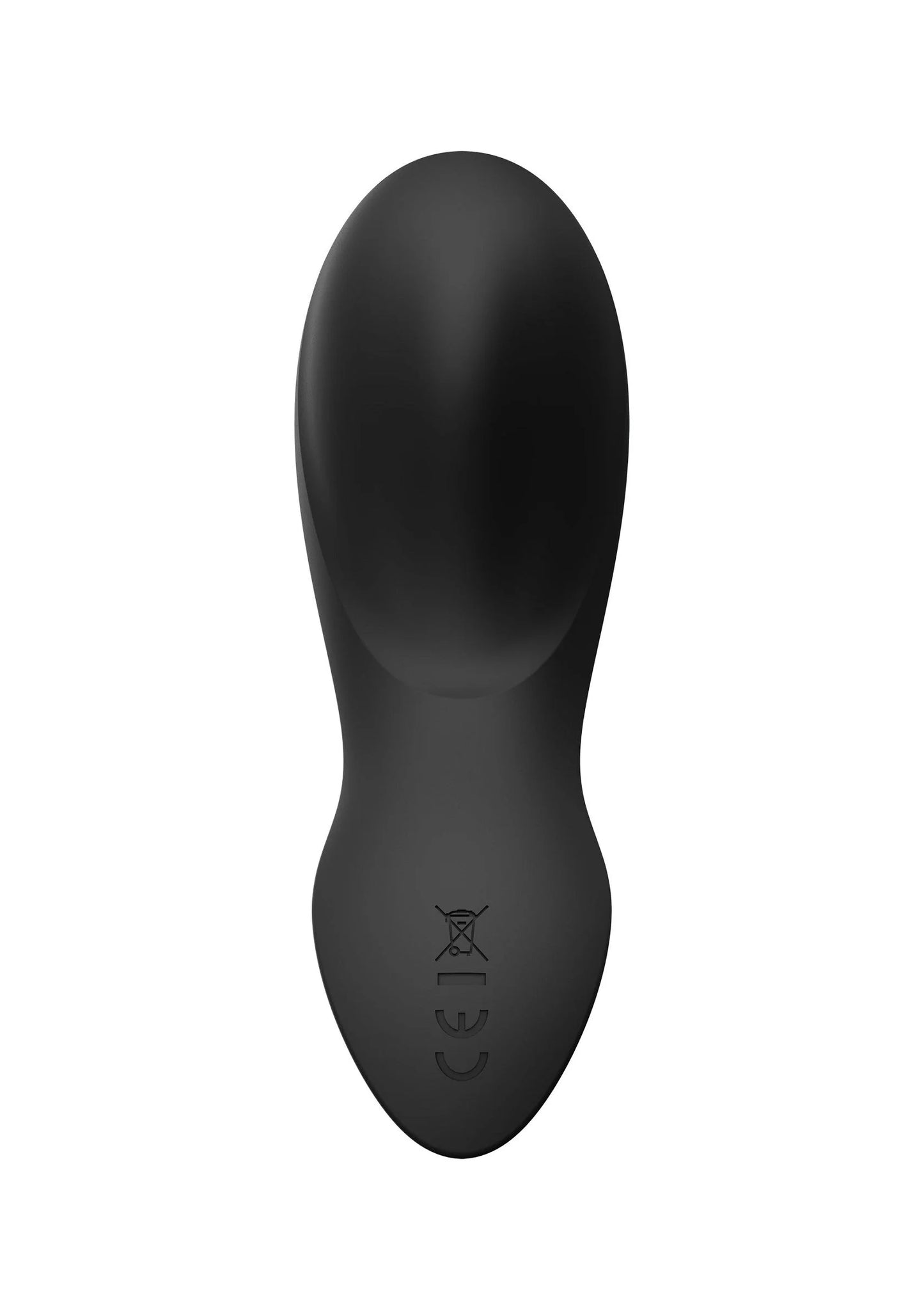 Zwarte draagbare vibrator, afgeronde vorm met logo midden voor