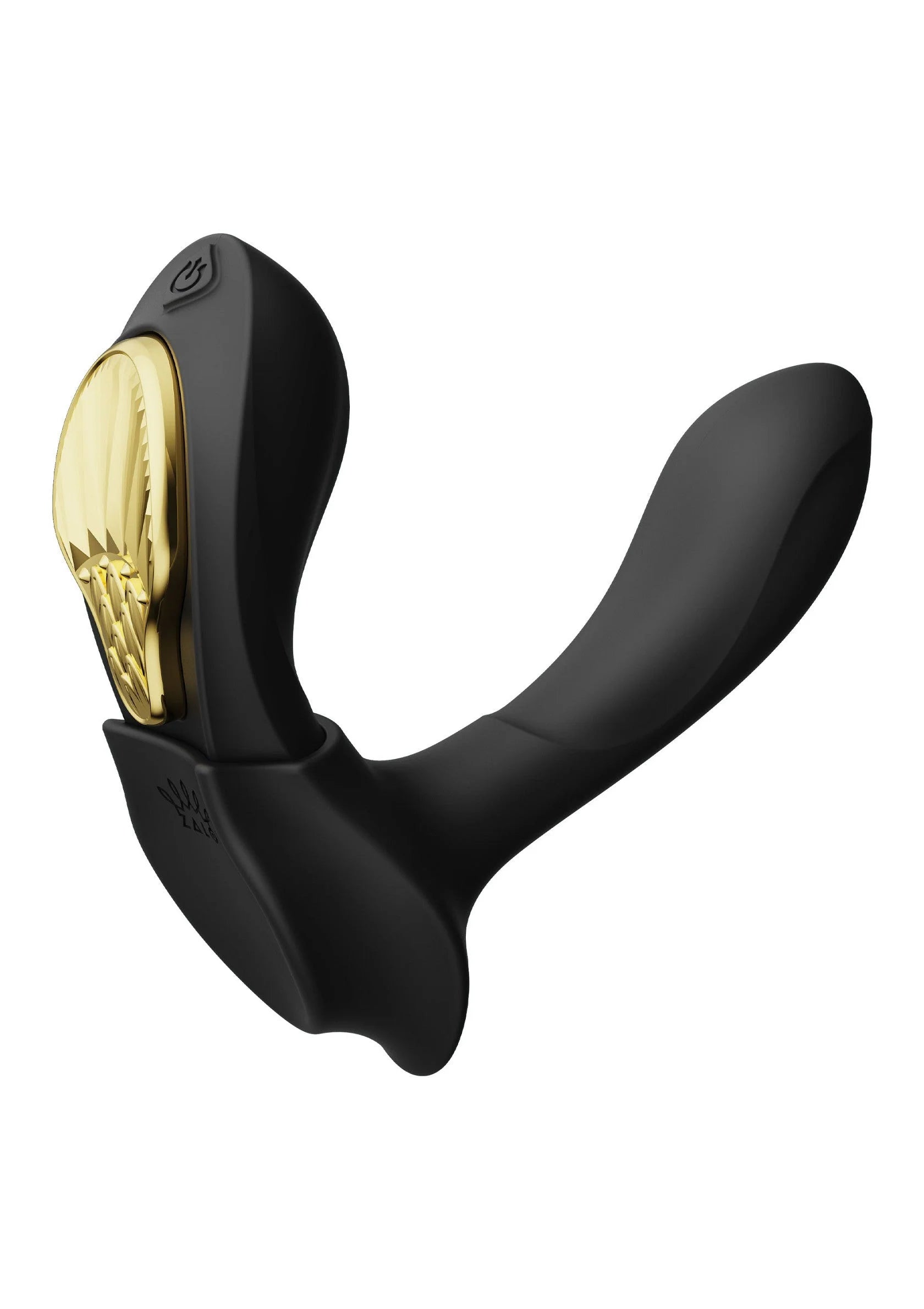 Zwarte draagbare vibrator met gouden contactplaat bovenop