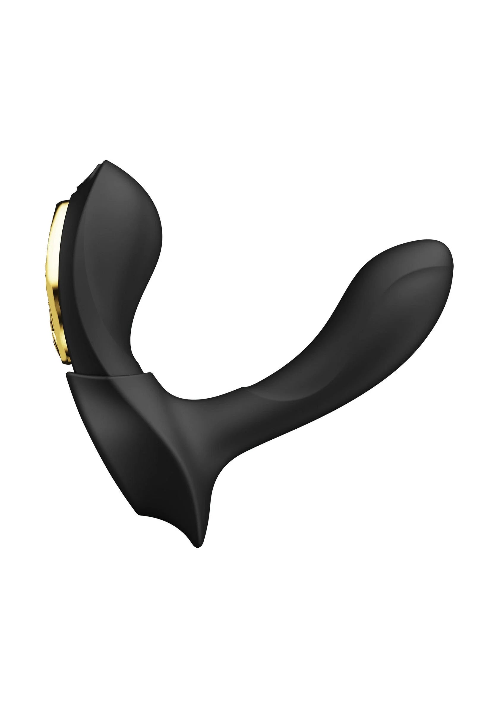Zwarte draagbare vibrator met gouden contactpunt aan de kop