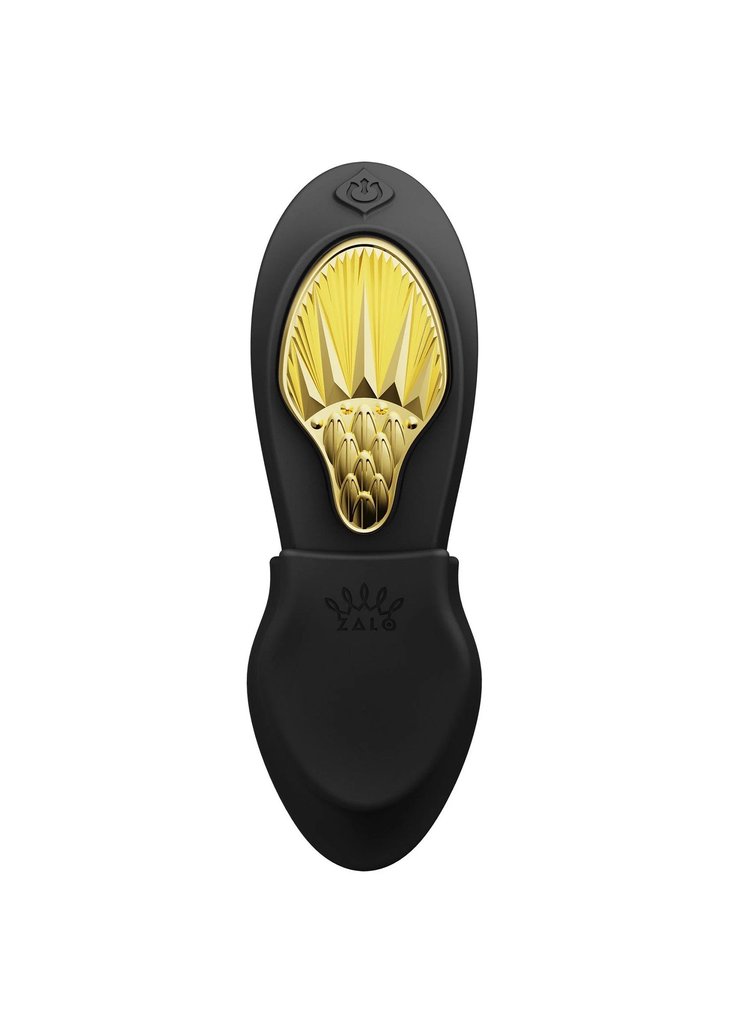 Zwarte draagbare vibrator met gouden kop en Zalo-logo op de behuizing