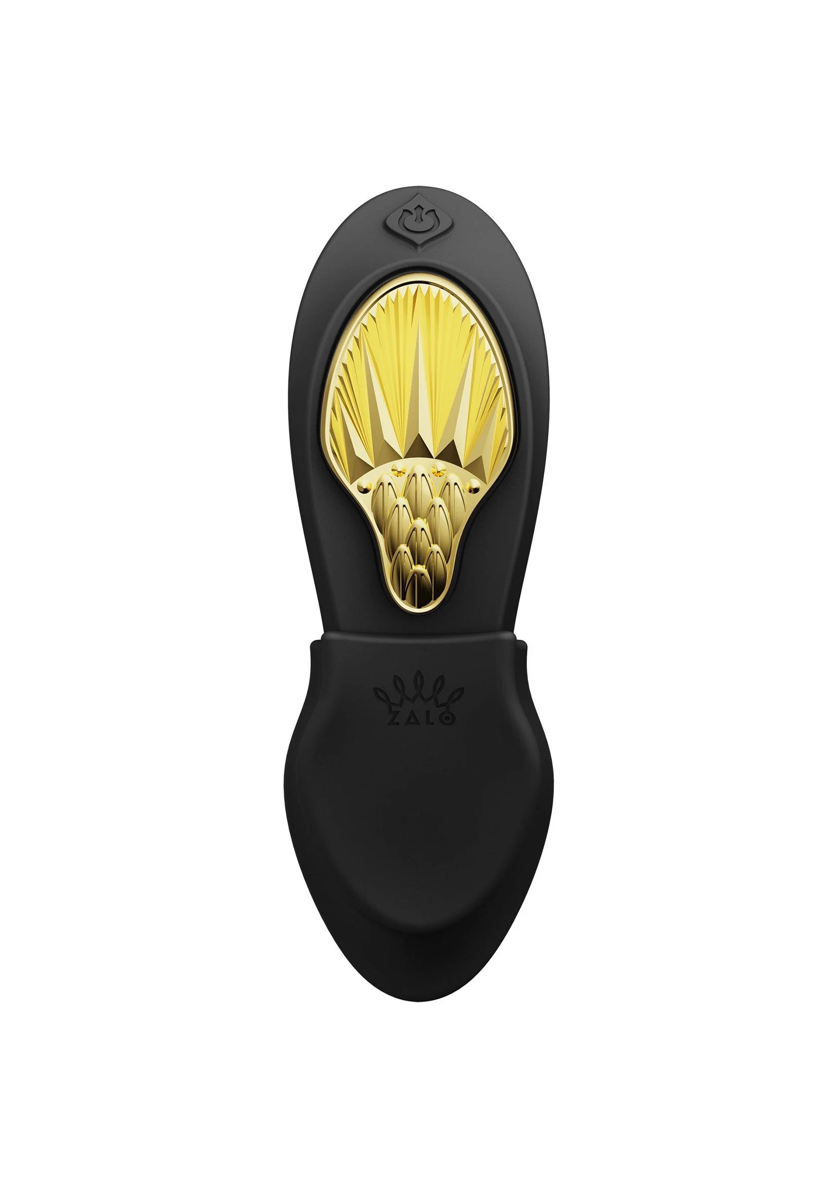 Zwarte draagbare vibrator met gouden kop en Zalo-logo op de behuizing