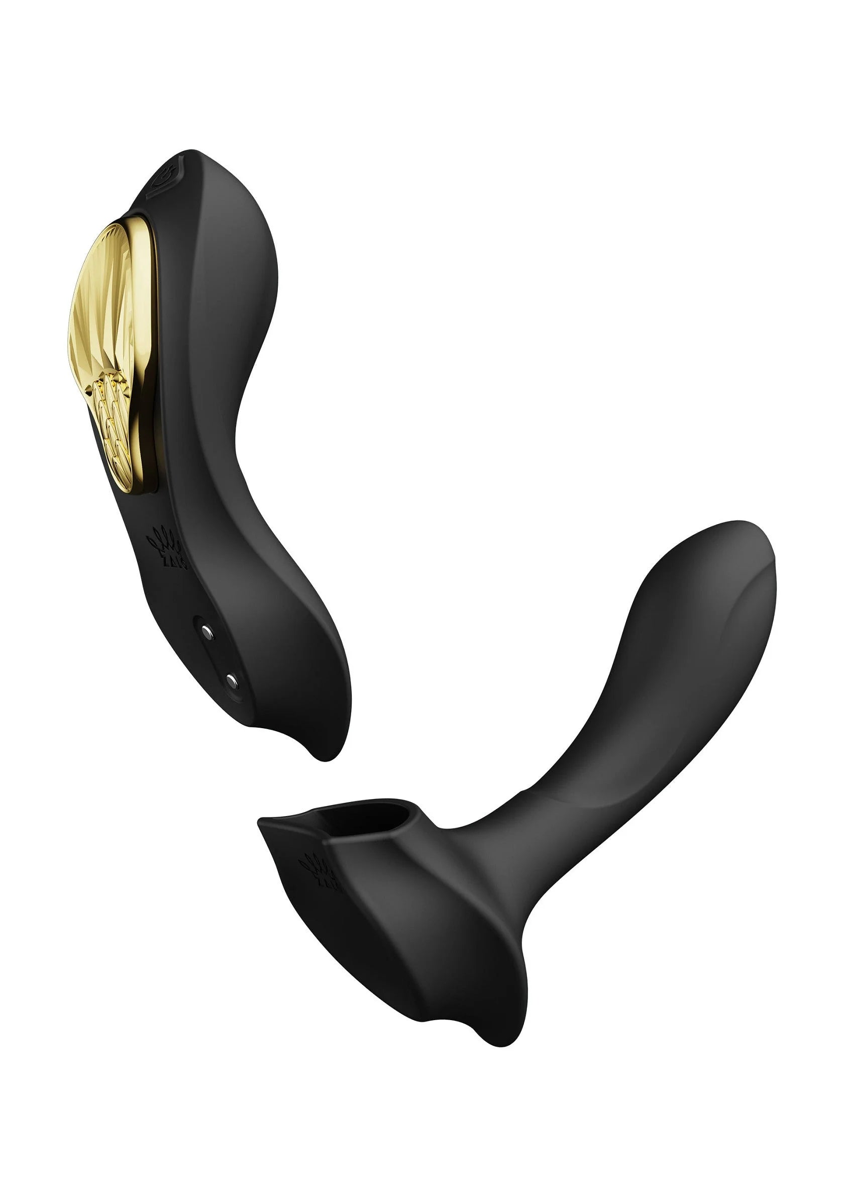 Zwarte draagbare vibrator met open zijkant en goudkleurige binnenzijde