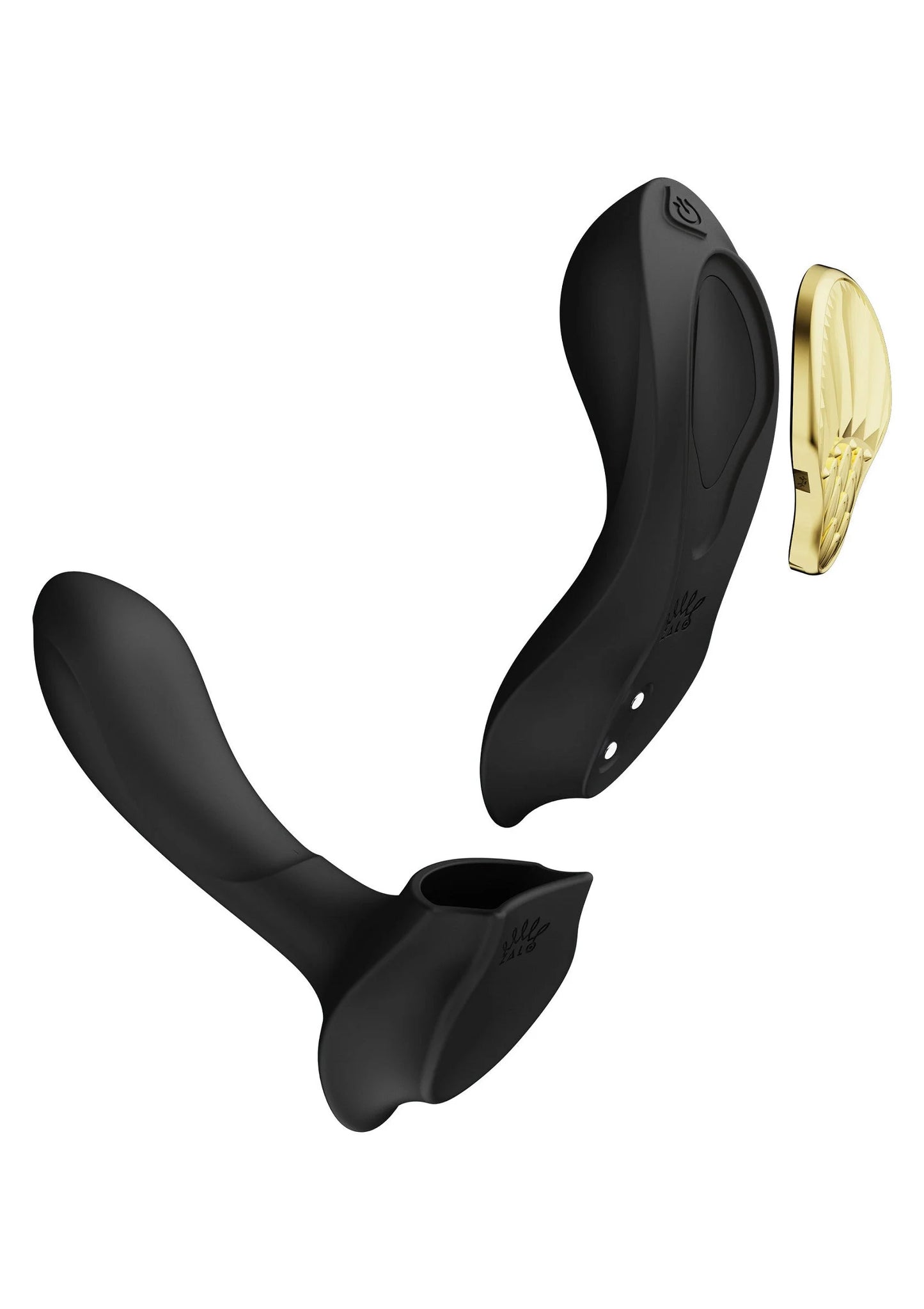 Zwarte draagbare vibrator met ronde knoppen en open gouden deel