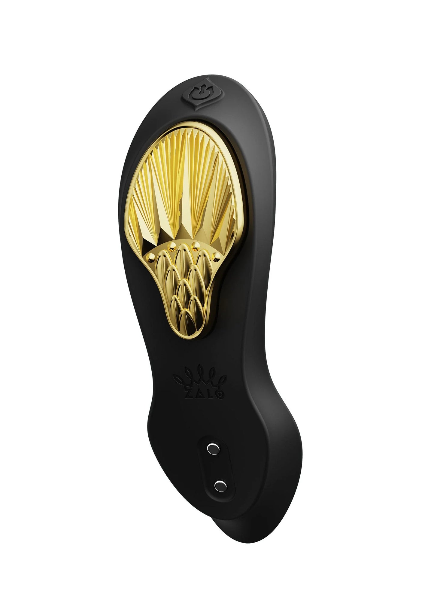 Zwarte draagbare vibrator met goudkleurige fonkelende binnenzijde en pictogram