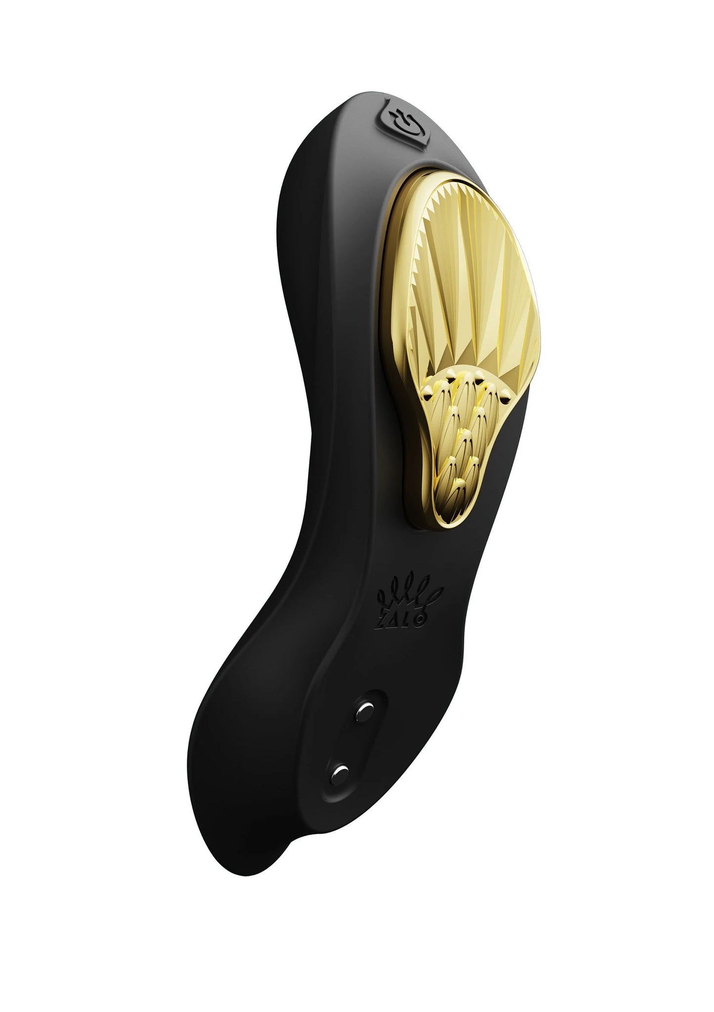 Zwarte draagbare vibrator met goudkleurig scherm en reliëfbediening