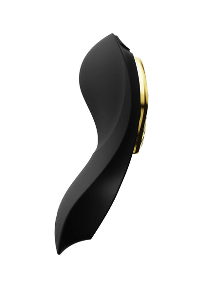 Zwarte draagbare vibrator met slanke zijkant en zichtbare gouden binnenzijde