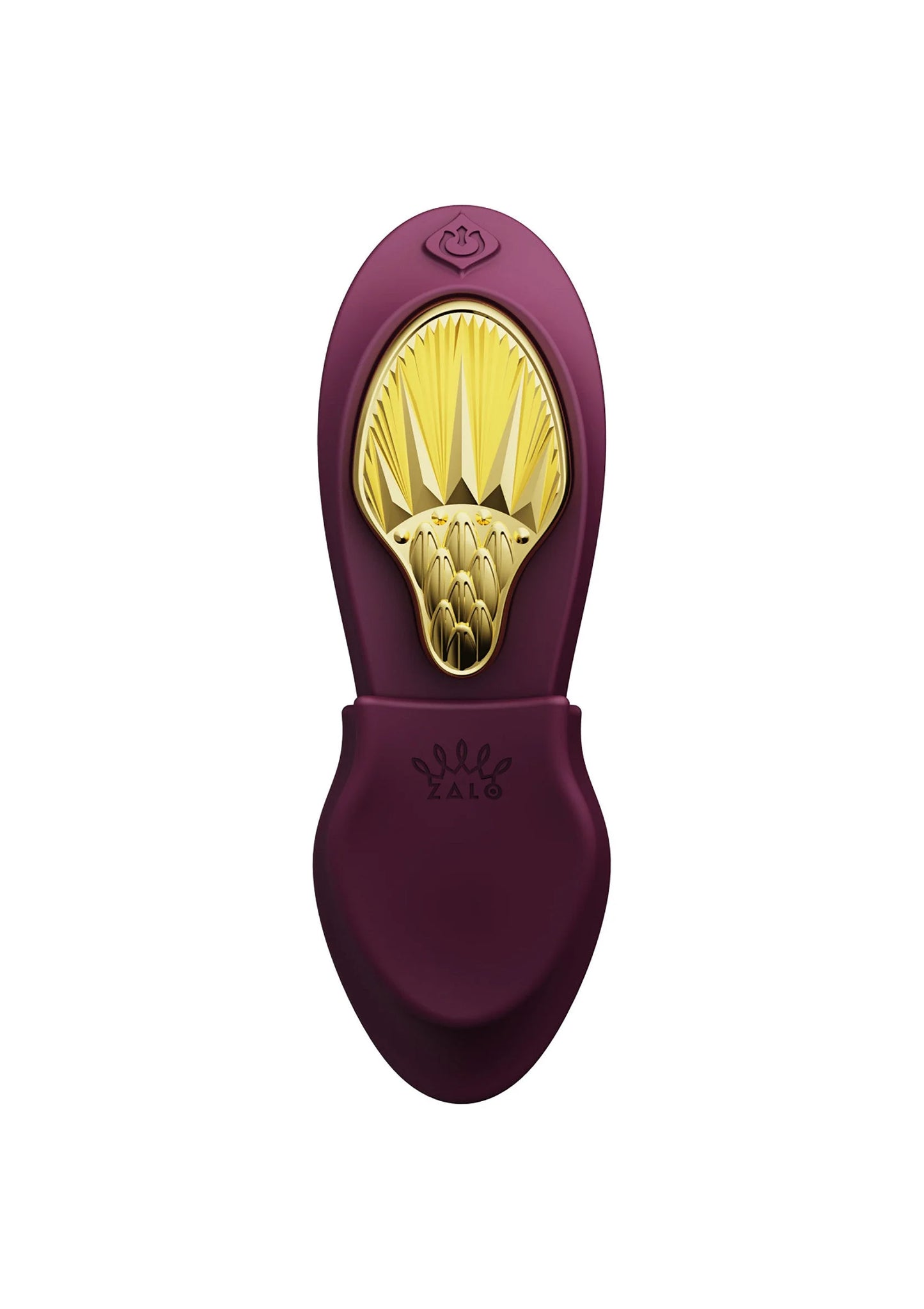 Draagbare vibrator Zalo bordeauxrood, open uiteinde met gele gouden binnenkant.