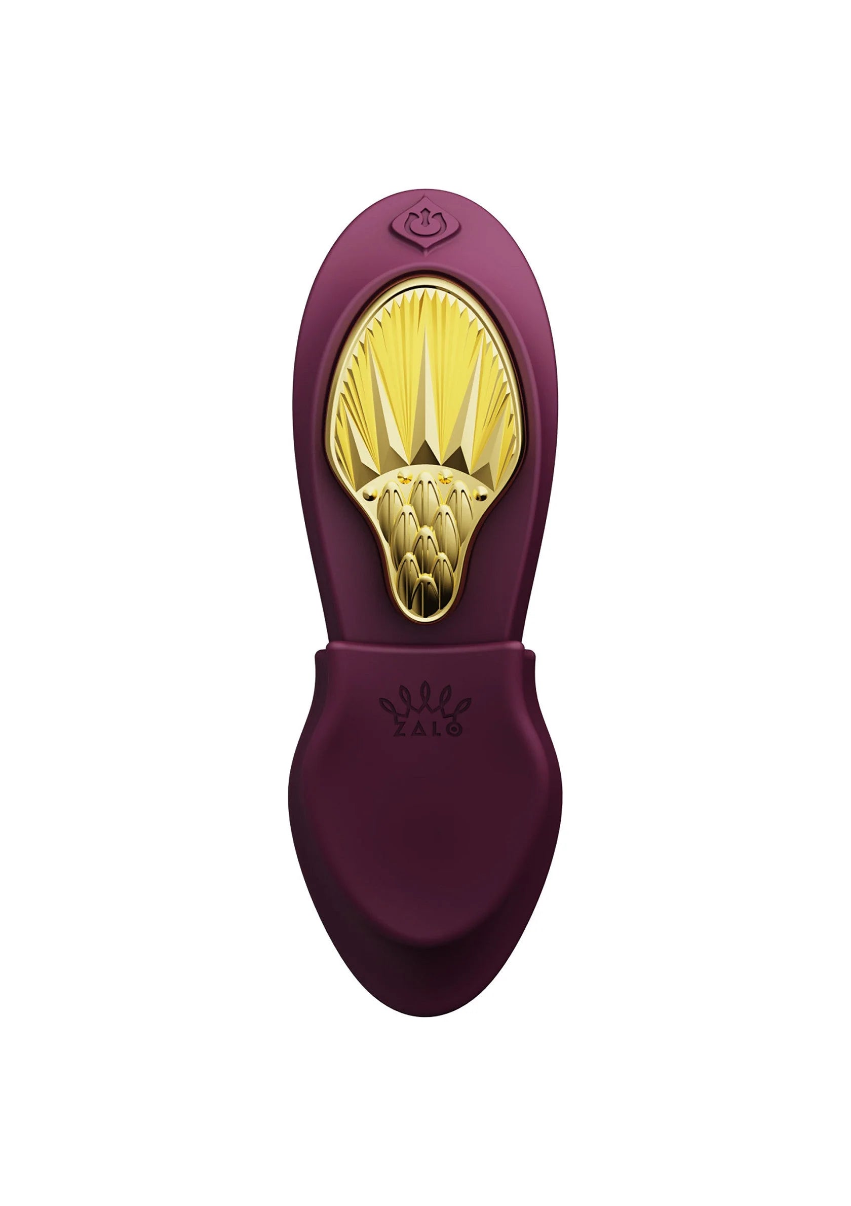 Draagbare vibrator Zalo bordeauxrood, open uiteinde met gele gouden binnenkant.