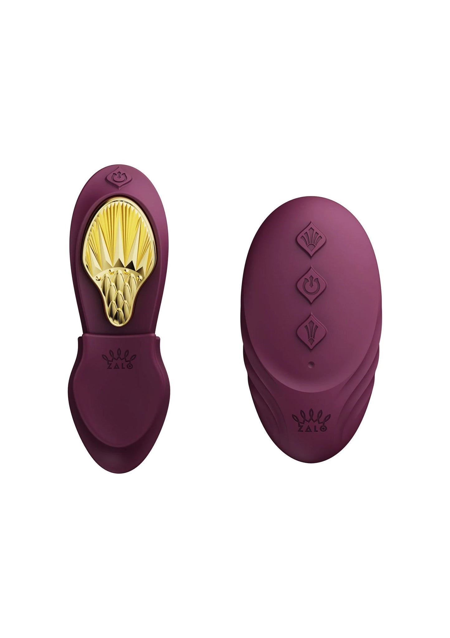 Draagbare vibrator Zalo bordeauxrood, voorkant met gouden binnenkant en achterkantlogo.