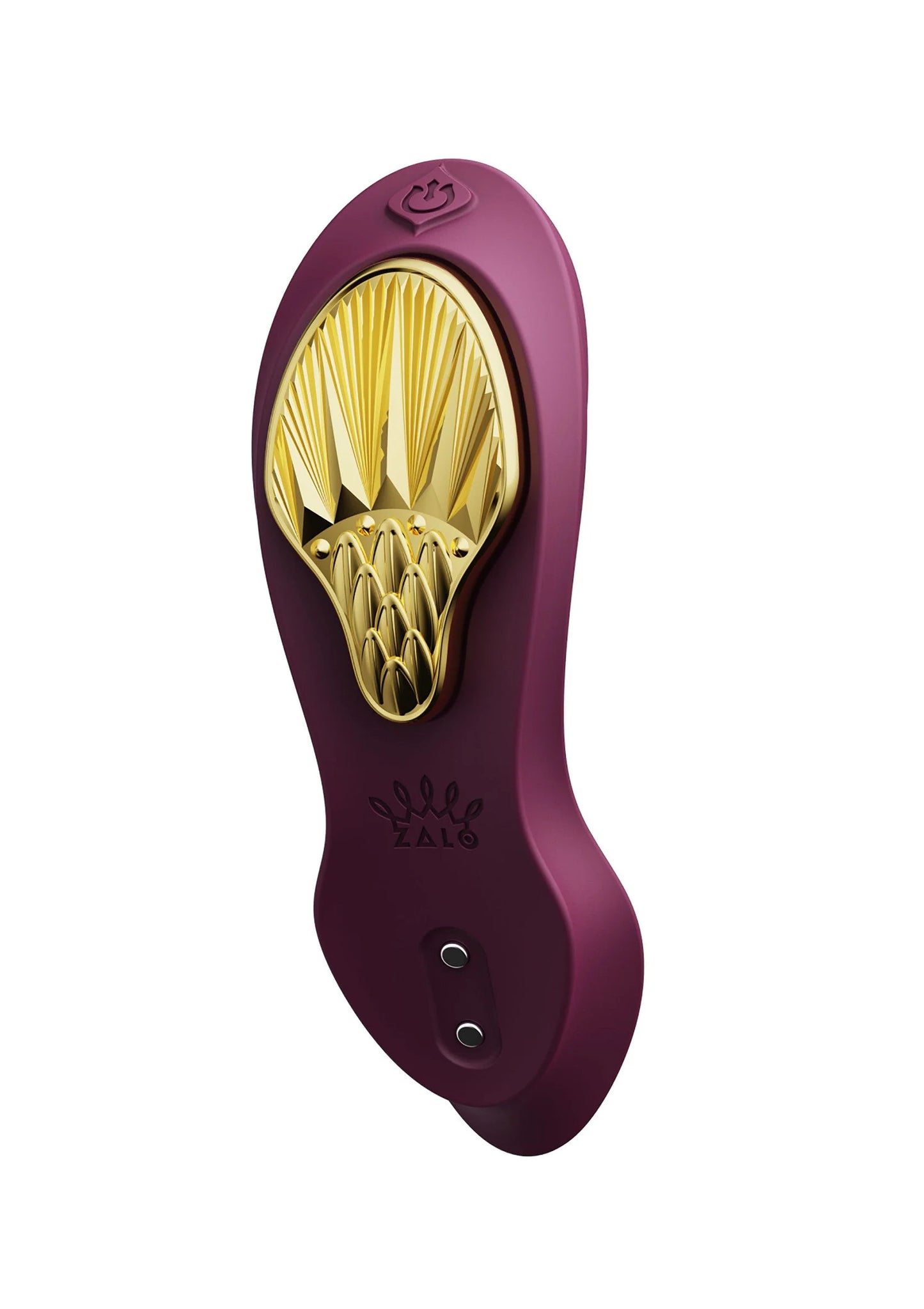 Paars draagbaar vibrato-apparaat met gouden ovale kop en twee knopopeningen in het vlak.