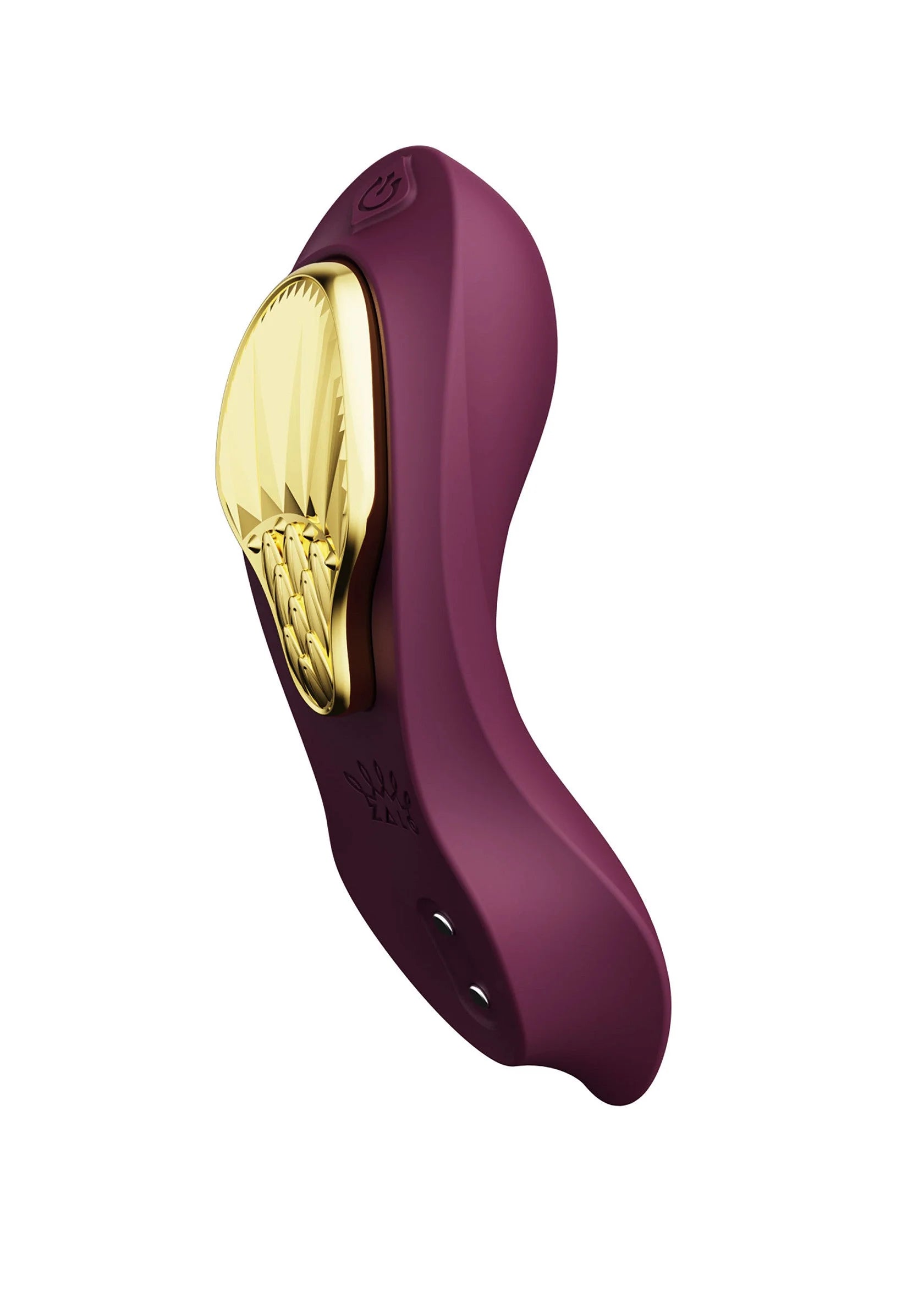 Draagbare vibrator in paars met gouden inzet aan de zijkant en kleine indicatiepunten.