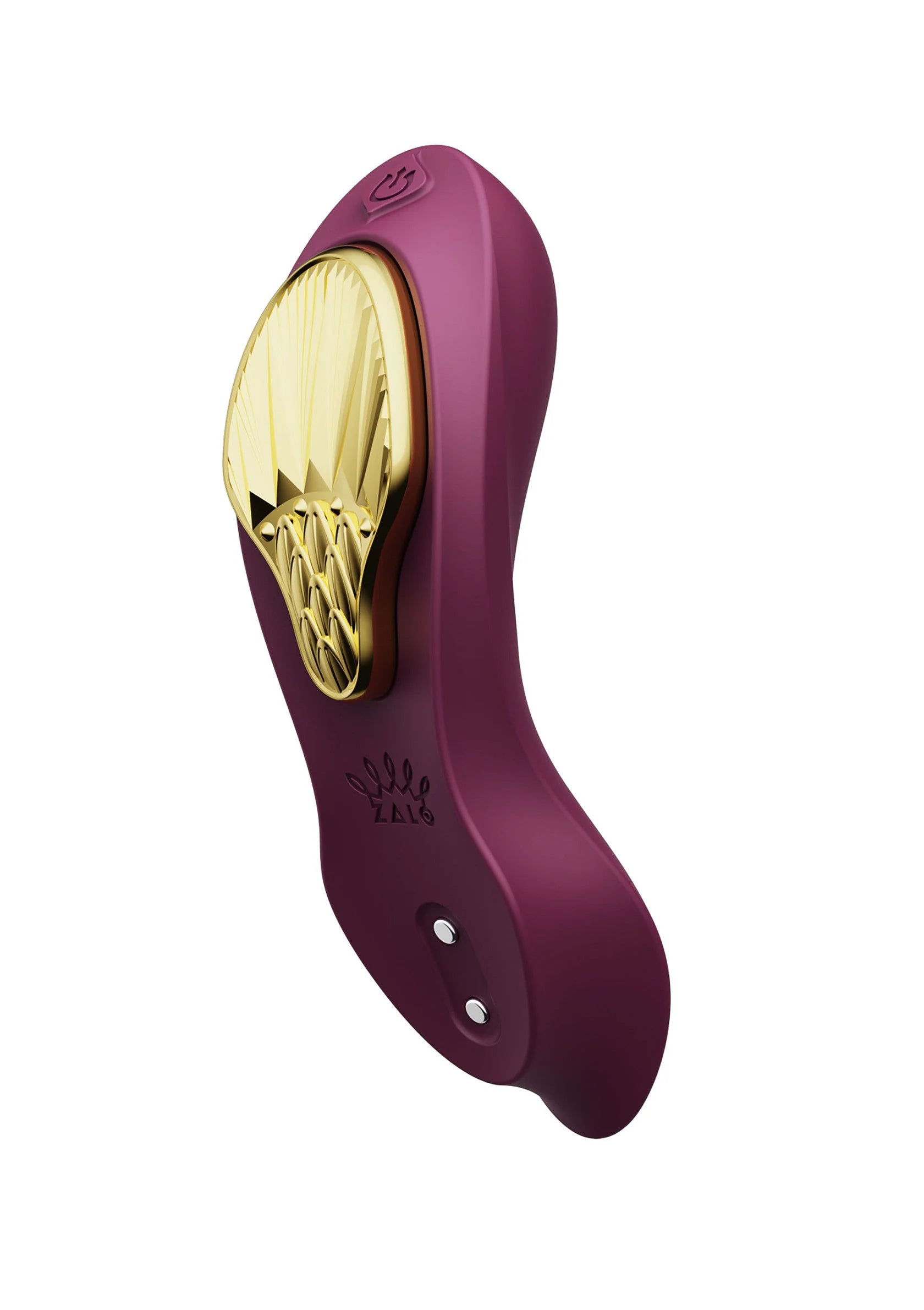 Paars draagbare vibrator, zicht op gouden inzet en twee kleine gaatjes op de voorzijde.
