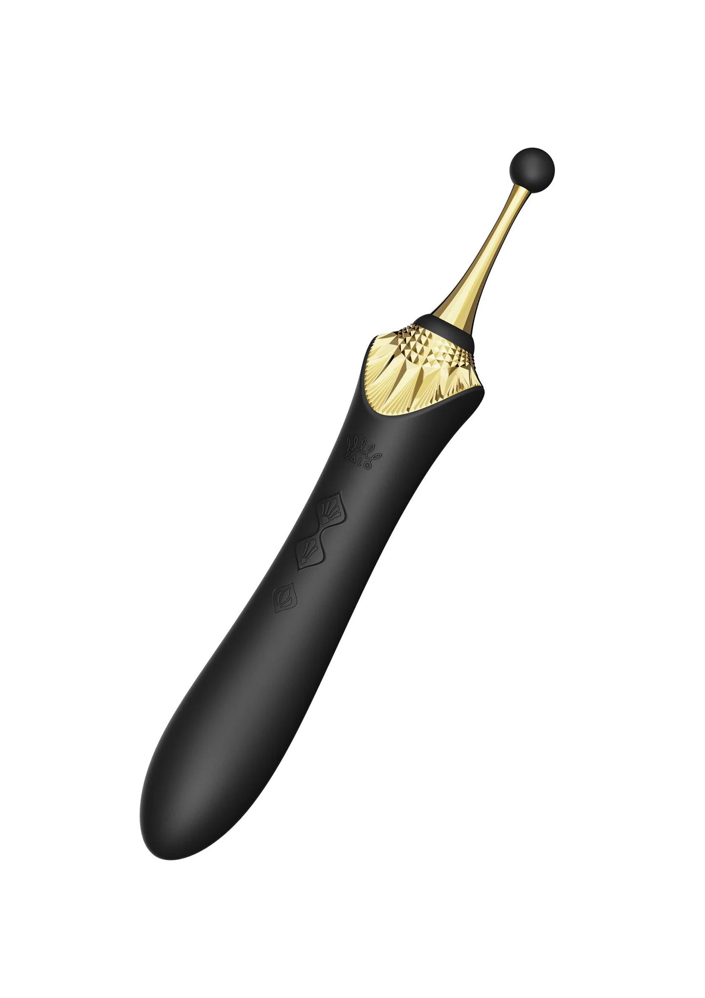 Zwarte clitorisvibrator schuin met gouden bovenkant en ronde, zachte vorm